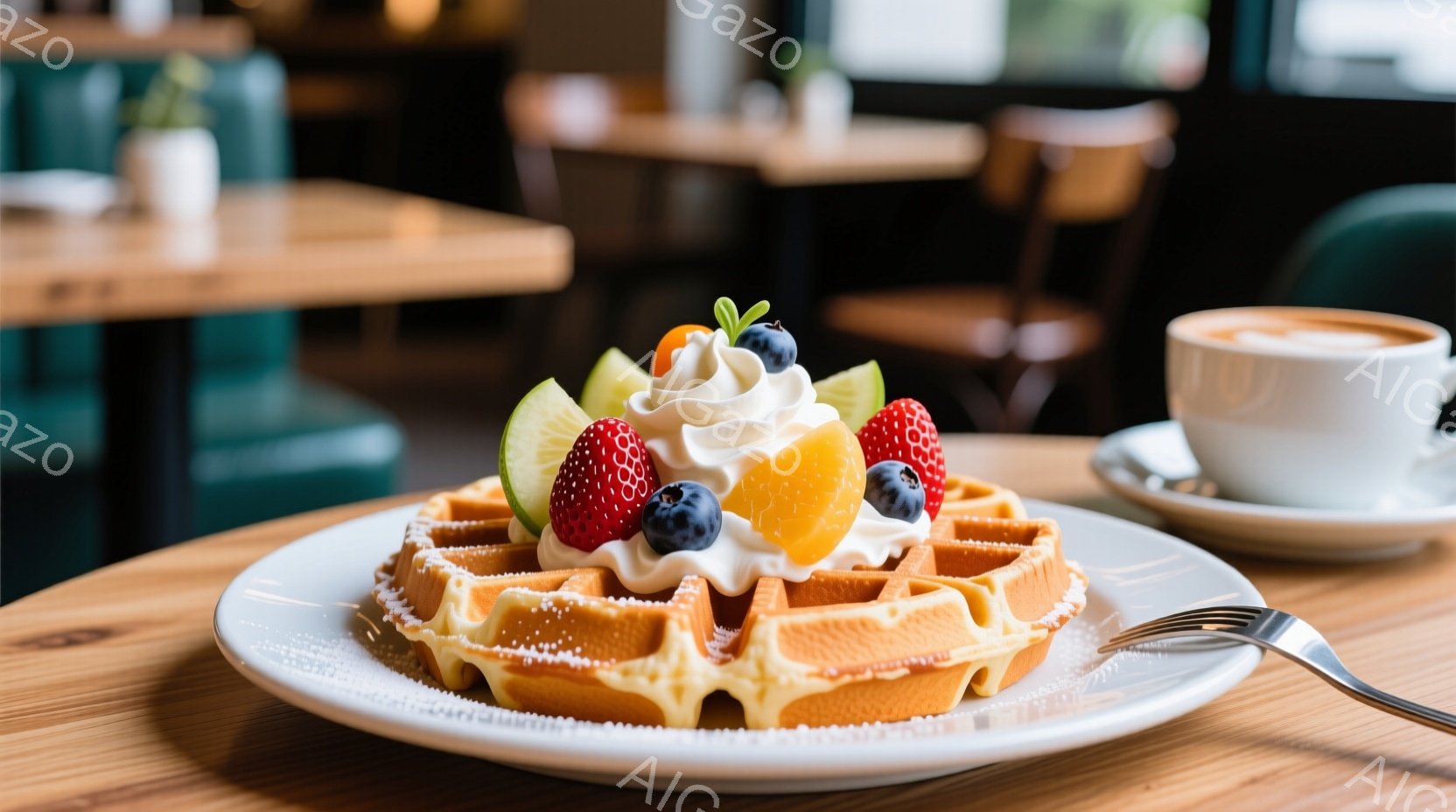 黄金色に焼き上がったワッフルが、クリームと新鮮なベリー、オレンジのスライスで飾られ、まるで芸術作品のようだ。背景には木製のテーブルと緑色の椅子が見え、カフェのような落ち着いた雰囲気を感じさせる。温かい飲み物とワッフルの組み合わせは、朝食やブランチに最適なリラックスしたひとときを演出している。