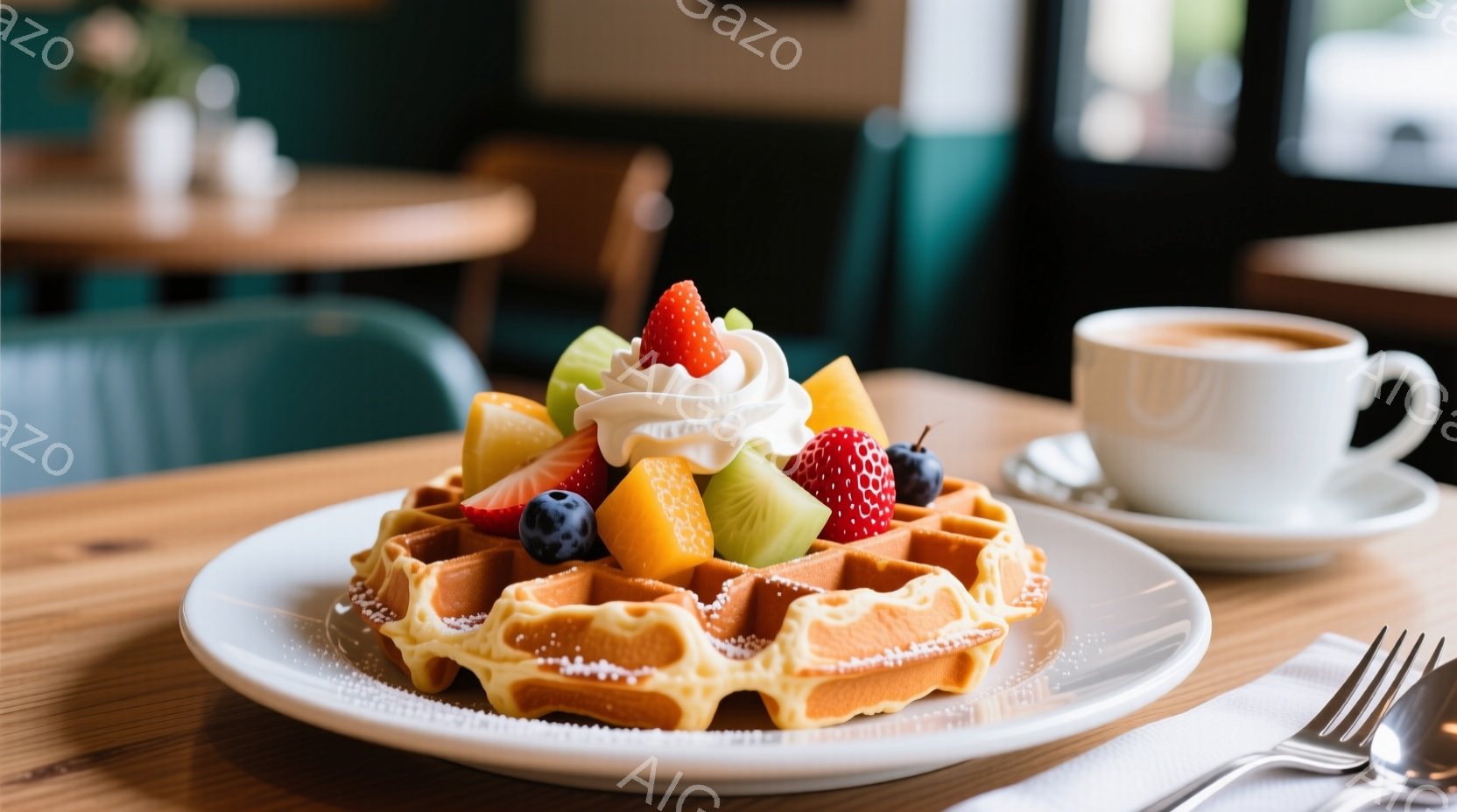 焼き立てのワッフルが白い皿に盛られ、イチゴ、ブルーベリー、オレンジ、キウイのスライスとホイップクリームがトッピングされています。木製のテーブルに置かれ、背景には緑色の椅子が見え、カフェのような雰囲気です。温かいコーヒーが添えられ、朝食やブランチを楽しむ穏やかな時間を示唆しています。