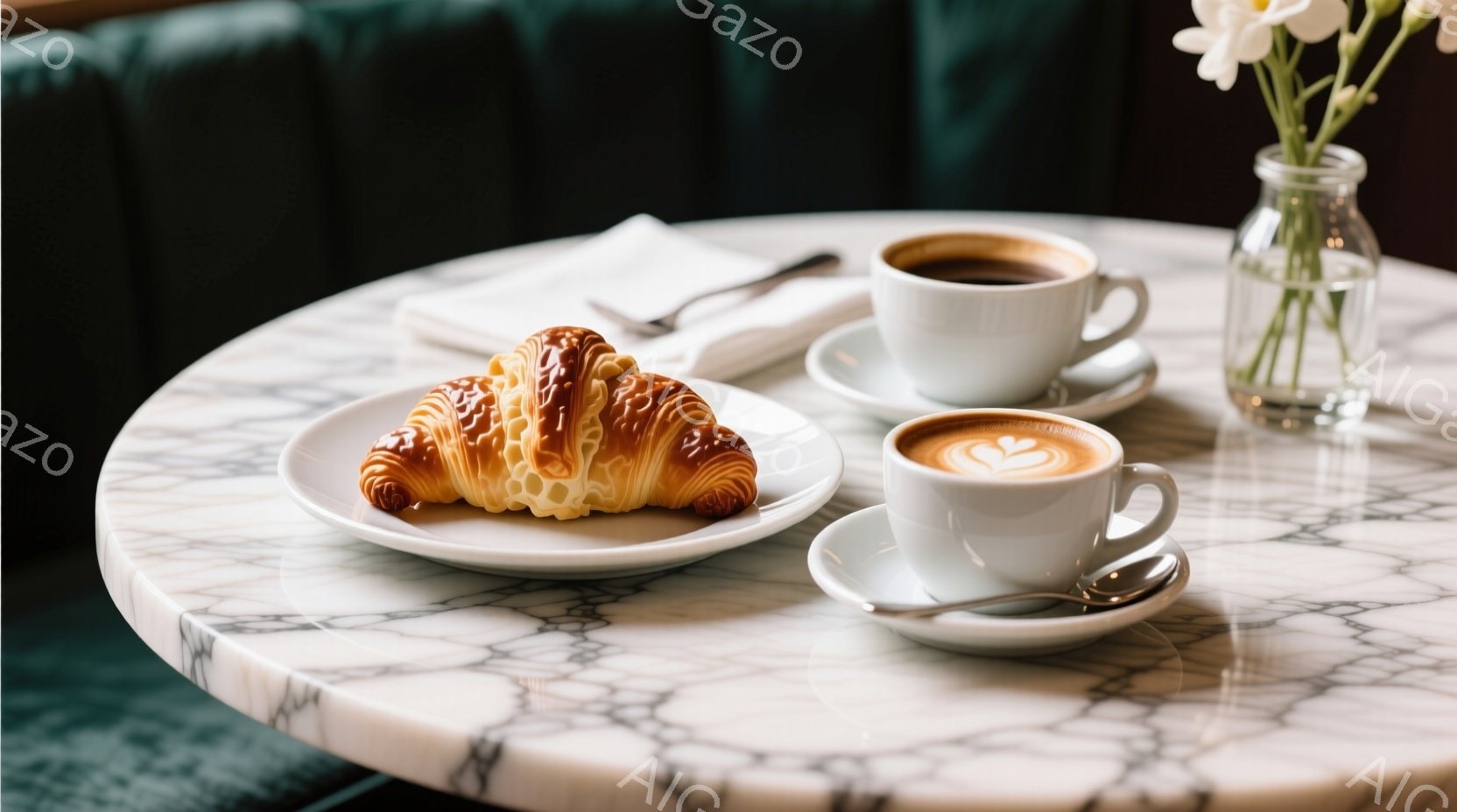 大理石のテーブルの上には、温かいクロワッサンとコーヒーが置かれています。コーヒーは美しいラテアートが施されており、背景には緑色のベルベットの椅子が見えます。全体的に、落ち着いた雰囲気で、カフェや朝食の - AI生成フリー素材