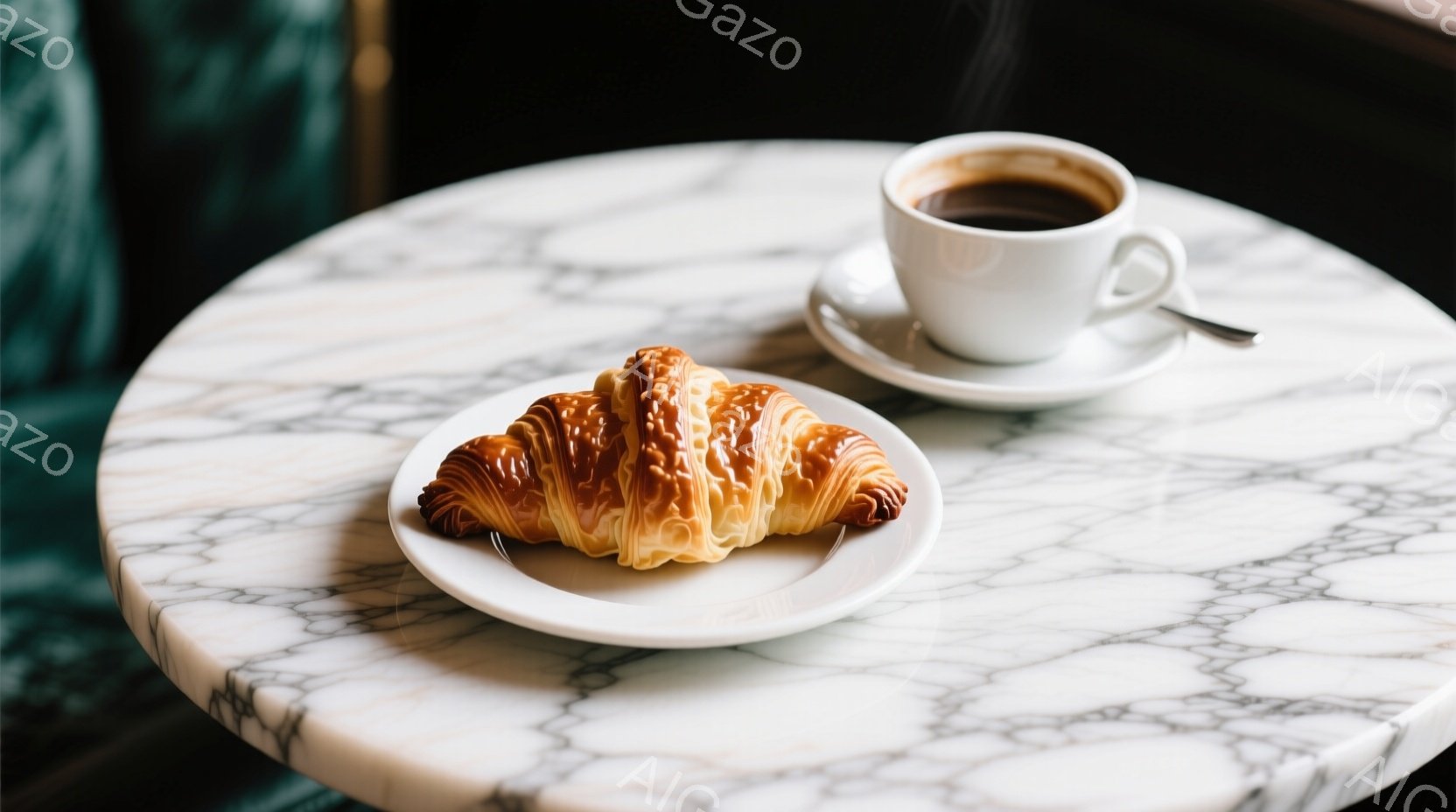白い大理石のテーブルの上に、焼き色のついたクロワッサンと白磁のカップに入ったコーヒーが置かれている。クロワッサンは層が美しく、サクサクとした食感が想像できる。背景は深い緑色の壁で、上品で落ち着いた雰囲気を醸し出している。