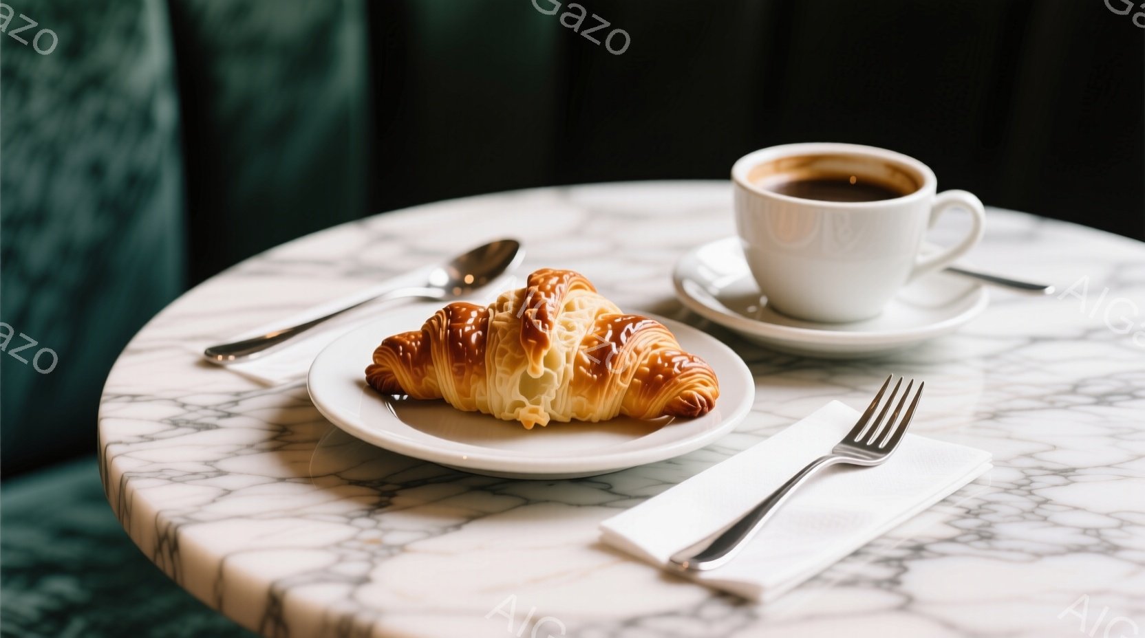 大理石のテーブルの上に、焼きたてのクロワッサンとコーヒーカップが置かれている。クロワッサンは黄金色で、層がはっきりと見え、フォークとスプーンが添えられている。背景は深い緑色で、落ち着いた雰囲気のカフェやレストランの様子が伺える。