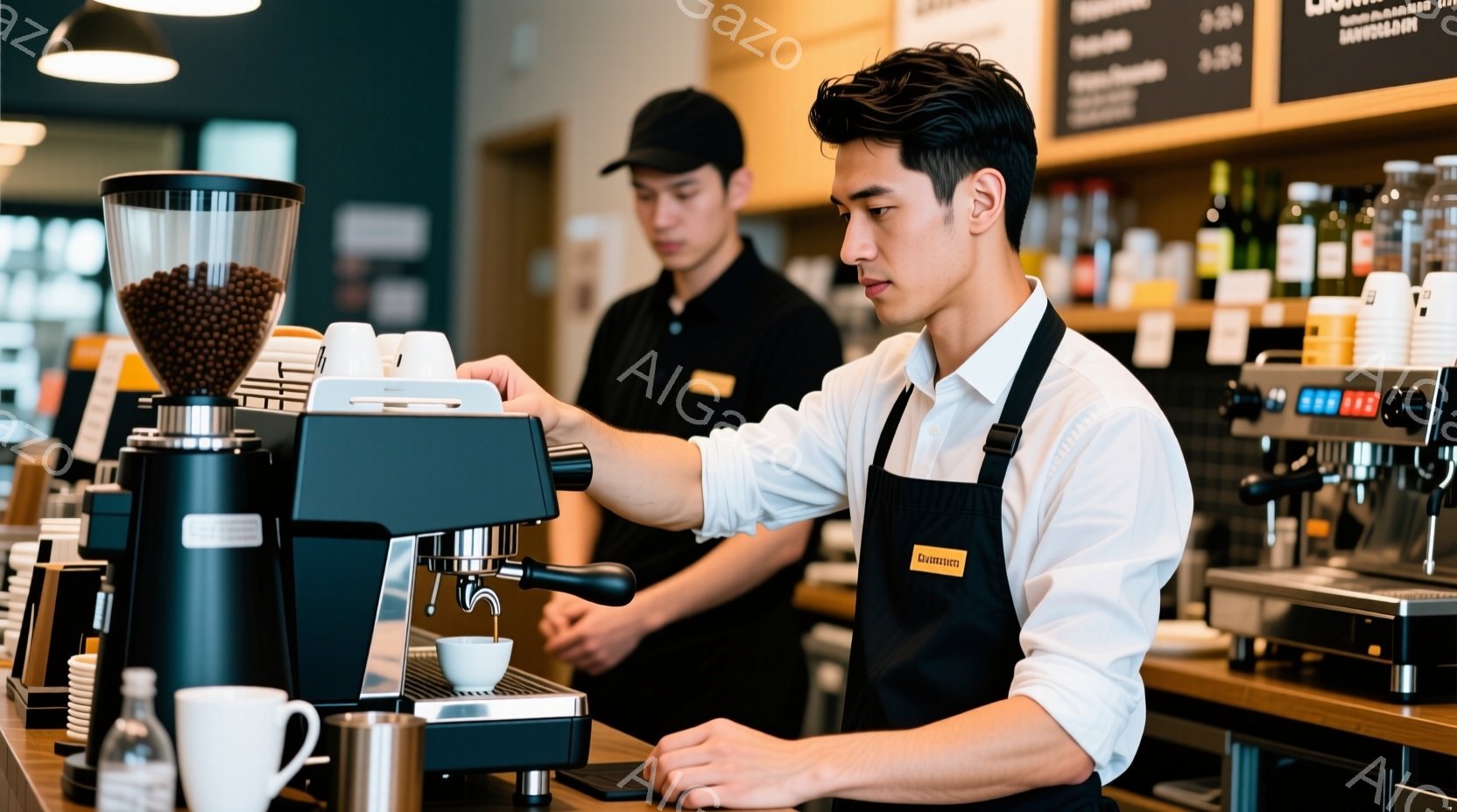 カフェのカウンターでエスプレッソマシンを操作する男性が写っています。彼は白いシャツに黒いエプロンを着用し、短髪で、集中した表情でコーヒーの抽出に取り組んでいます。背景には、他のスタッフや棚に並んだ商品が見え、明るく清潔なカフェの雰囲気が伝わってきます。