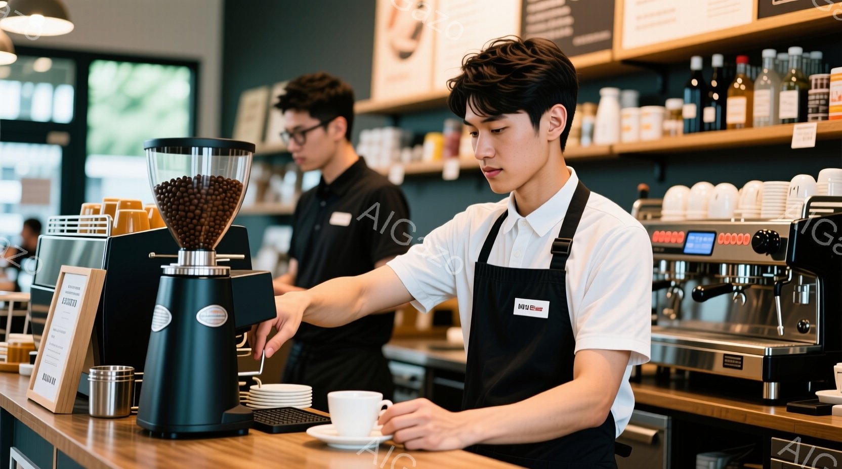 若いバリスタがコーヒー豆のグラインダーの前に立っており、白いカップを手に持っています。彼は黒いエプロンと白いシャツを着ており、短く整えられた髪をしています。背景にはコーヒー豆や機器が並んだカフェのカウンターがあり、全体的に落ち着いた雰囲気です。