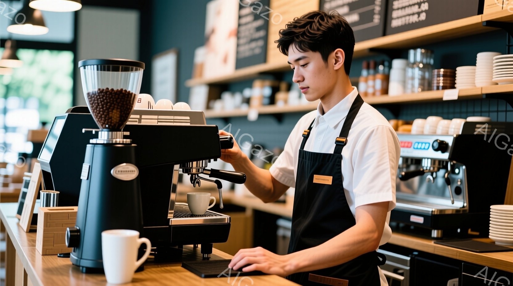 バーテンダーのような男性がエスプレッソマシンでコーヒーを淹れる様子が写っています。彼は白いシャツに黒いエプロンを着用し、短髪で整髪されています。背景にはコーヒーカップが積み重ねられた棚と、カフェのメニューが表示されており、落ち着いた雰囲気のコーヒーショップであることがわかります。