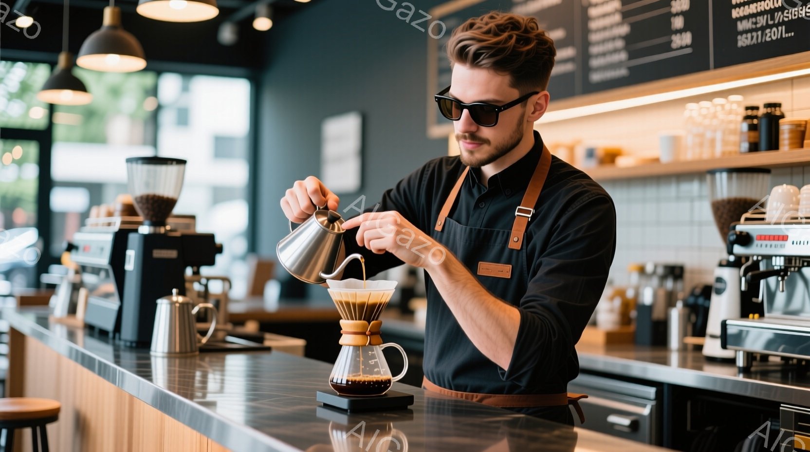 若いバリスタがコーヒーをドリップしている様子が写っている。彼は黒いエプロンとシャツを着ており、少し伸びたヒゲと整髪された髪で、集中した表情でコーヒーメーカーを見つめている。背景にはカフェのカウンターとコーヒー関連の器具が見え、店内は明るくモダンな雰囲気である。