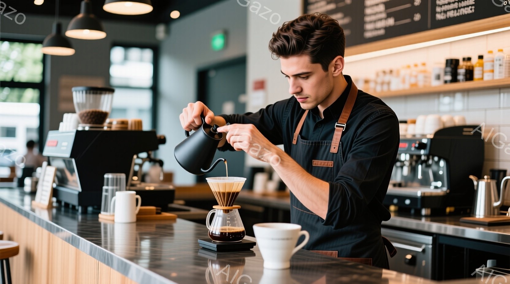 一人の男性がコーヒーをドリップしている様子が写っている。彼は黒いエプロンと長袖のシャツを着ており、髪は短く整えられている。背景にはコーヒーショップのカウンターや機器が見え、明るく清潔な雰囲気が漂っている。