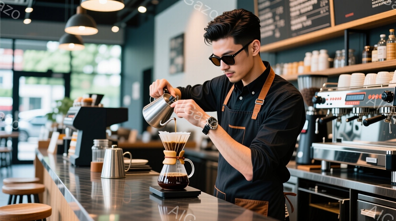 黒いエプロンを着た男性が、ドリップコーヒーを作っています。彼は真剣な表情で、丁寧にコーヒーポットからコーヒーを注いでおり、姿勢も優雅です。背景には、ステンレス製のコーヒー器具や棚が並び、明るく清潔なカフェの雰囲気を感じられます。