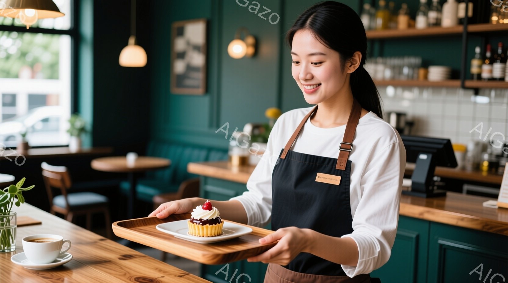 エプロンを着た若い女性が、片手にケーキを乗せたトレイを持って微笑んでいます。彼女は明るい色のトップスを着ており、髪は後ろでまとめています。背景には、緑色の壁と木製の家具のあるカフェの様子が見え、落ち着 - AI生成フリー素材