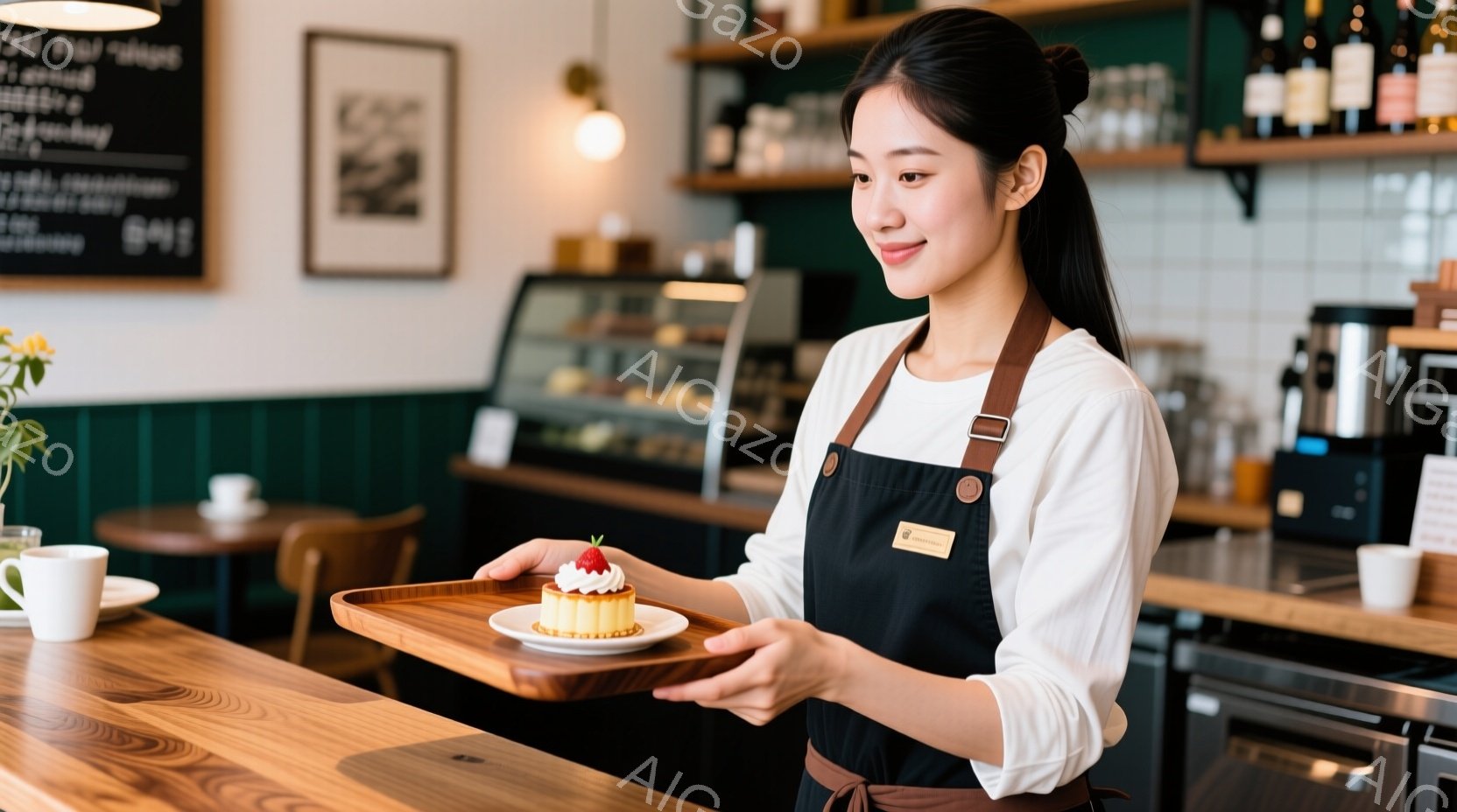 若い女性がカフェのカウンターでケーキを運んでいる様子が描かれています。彼女は白いブラウスに黒いエプロンを身につけ、髪は後ろでまとめられています。明るい笑顔でケーキを見つめ、優しくサービスを提供する雰囲気が伝わってきます。