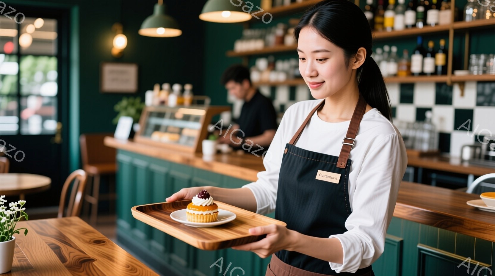エプロン姿の若い女性が、小さなケーキを乗せた木製のトレーを手にしている。彼女は微笑んでおり、真剣な眼差しでケーキを見つめているようだ。背景には、緑色の壁と棚に並んだ商品、そしてぼんやりと見える別の人物が見え、カフェのような落ち着いた雰囲気が漂っている。