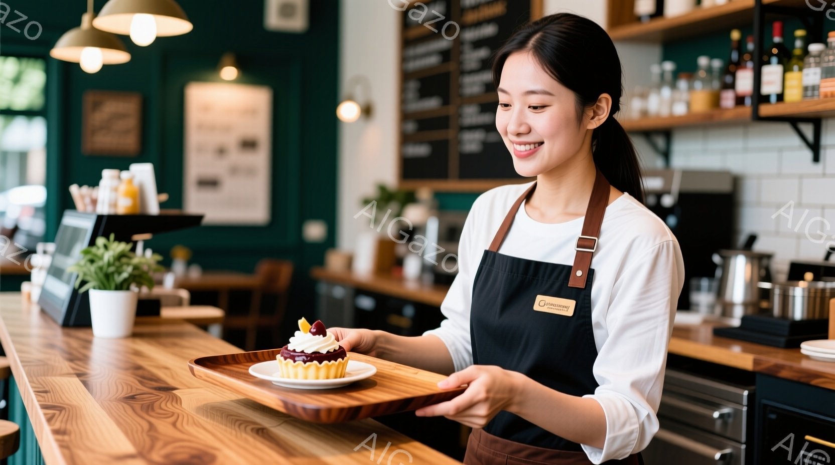 明るい表情の女性が、焼き菓子を載せた木製のトレイを正面に向けて持っている。彼女は白いブラウスと黒いエプロンを着ており、髪は後ろでポニーテールに結んでいる。背景にはカフェのカウンターや棚、植物が見え、全体的に暖かく、親しみやすい雰囲気である。