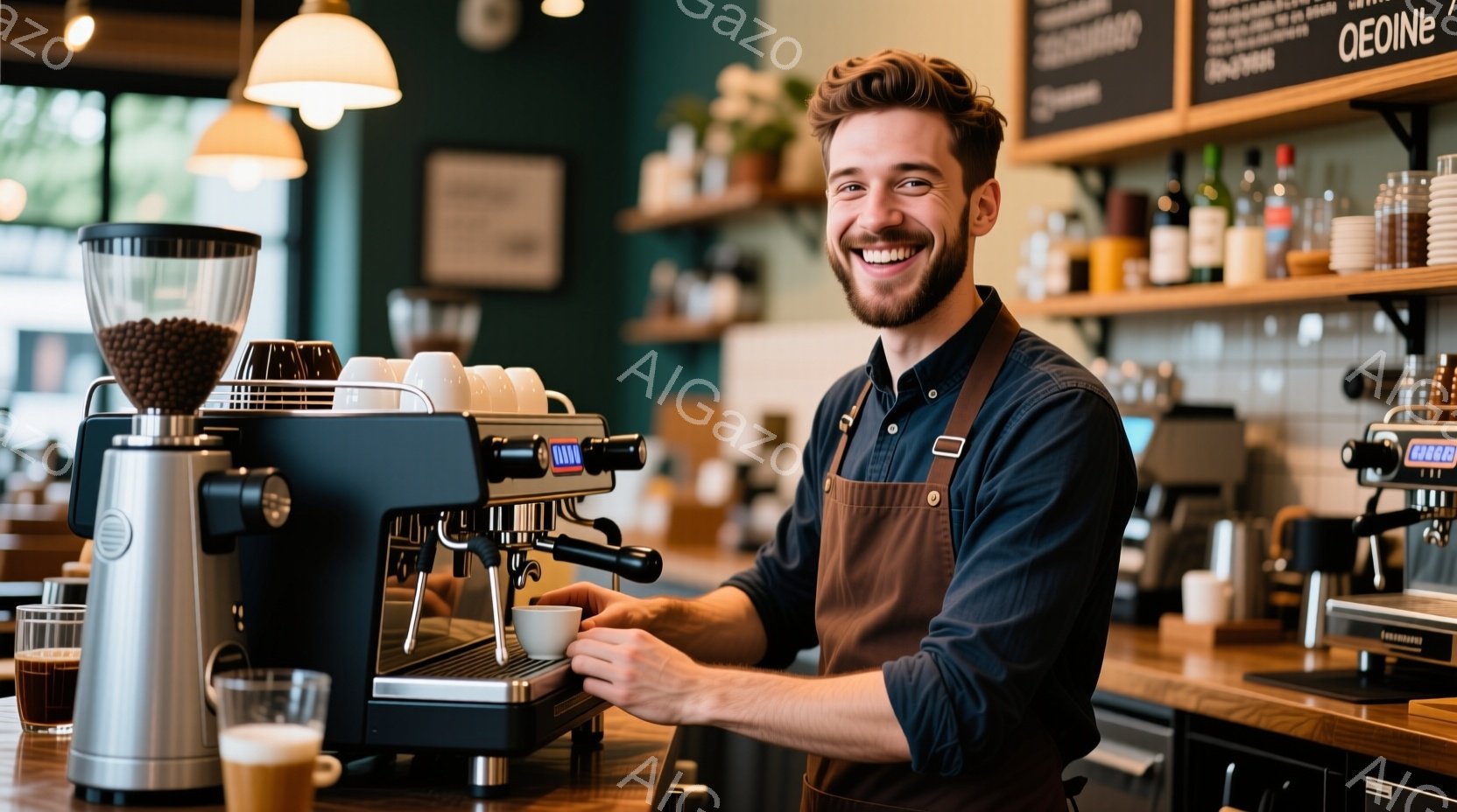 若い男性バリスタが笑顔でカウンターに立っている。彼は濃い茶色のエプロンを着用し、青いシャツを着ており、整った髭と髪型をしている。背景にはコーヒー豆のグラインダーやエスプレッソマシン、様々な瓶やグラスが並び、明るく暖かみのあるカフェの雰囲気が漂っている。