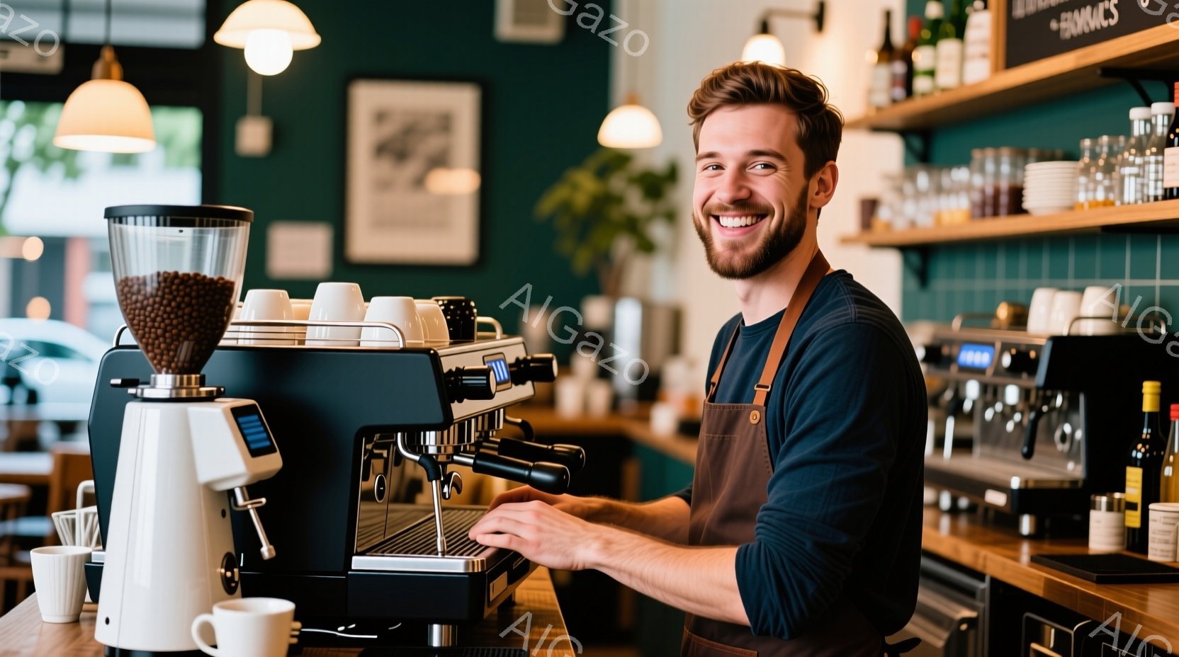 髭を生やした男性が、エスプレッソマシンを操作しながら微笑んでいます。彼は濃い青色の長袖シャツと茶色のエプロンを着ており、カジュアルながらもプロフェッショナルな印象を与えます。背景にはカフェのカウンターと棚があり、温かみのある光が差し込んでいて、リラックスした雰囲気が漂っています。