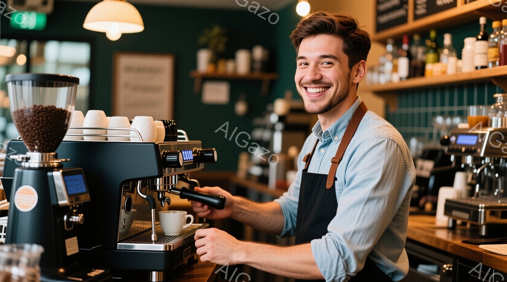 若い男性がコーヒーマシンでエスプレッソを作っている様子が写っています。彼は水色のシャツにエプロンを身につけ、笑顔でカメラを見ています。背景にはコーヒーカップが並んだ棚があり、カフェの温かく親しみやすい雰囲気が漂っています。