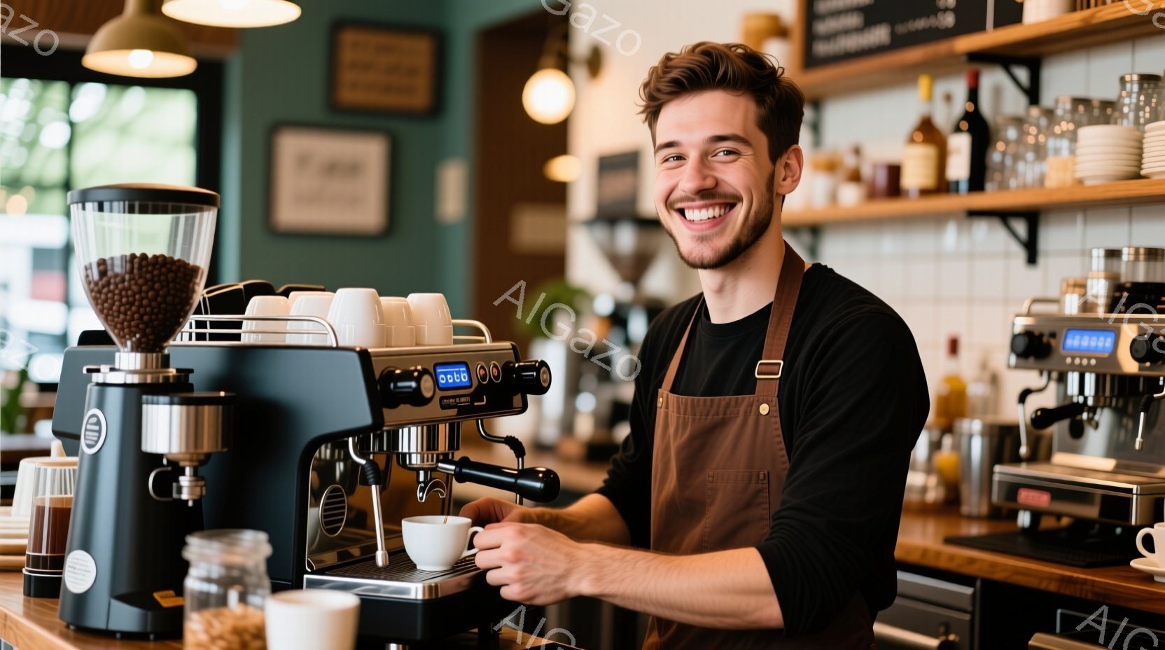 若い男性がカフェのカウンターでエスプレッソマシンを操作しており、笑顔でカメラを見ています。彼は黒いTシャツと茶色のエプロンを着ており、短く整髪された髪型をしています。背景にはコーヒー豆の入った容器やコーヒーカップが並び、店内は明るく活気のある雰囲気です。