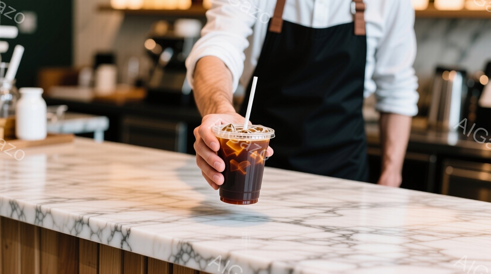 一人の人が氷入りのドリンクを透明なプラスチックカップに入れ、ストローを差し込んでいます。その人は黒いエプロンを身につけ、白いシャツを着ており、背景にはカフェのカウンターや調理器具が見えます。全体的に、カフェでのサービス風景を捉えた、暖かく落ち着いた雰囲気の写真です。