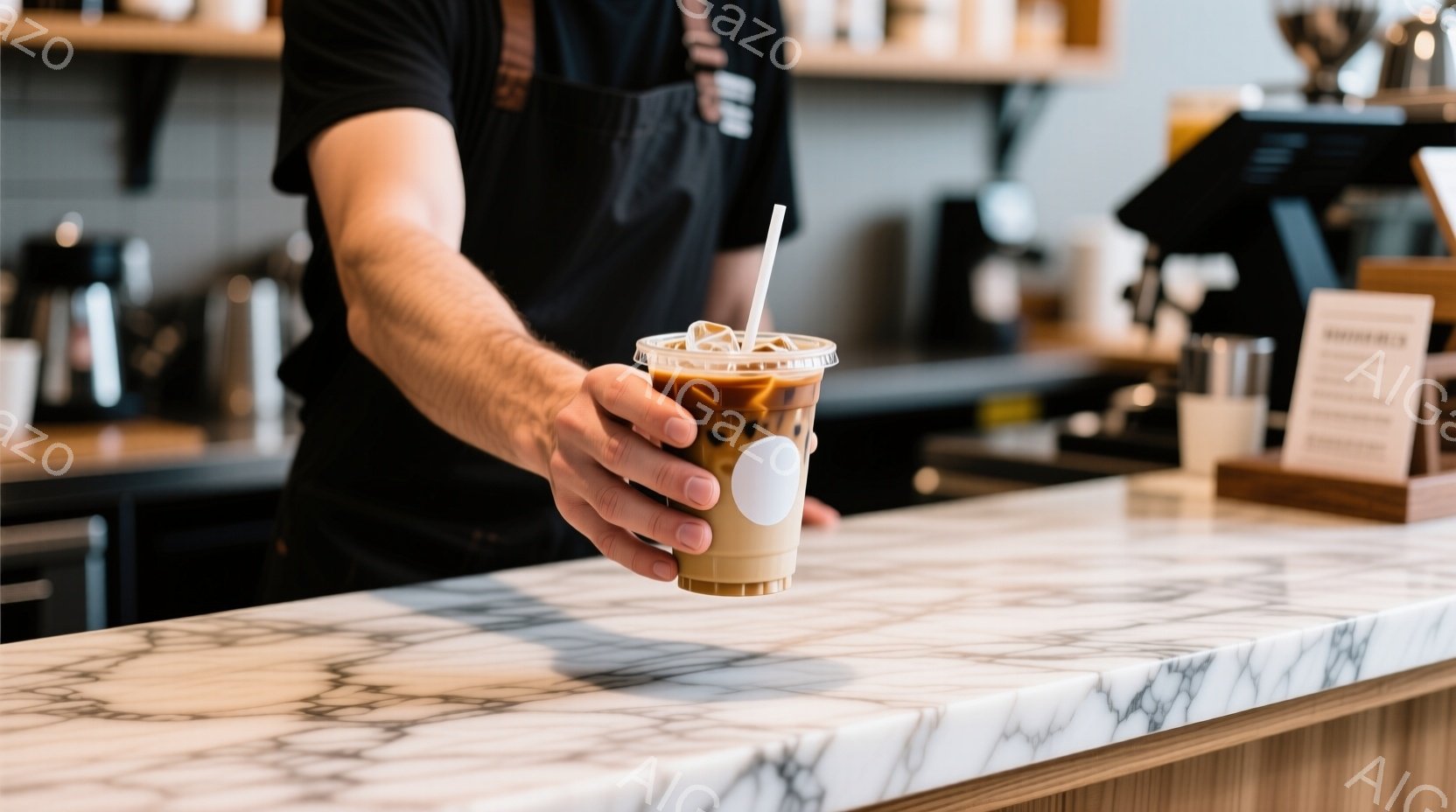 白い大理石調のカウンター越しに、アイスコーヒーが提供されている様子が写っている。提供者の服装は黒いTシャツで、腕にはタトゥーが見え、姿勢はリラックスしている。背景にはコーヒーメーカーやメニューが見え、カフェの落ち着いた雰囲気が感じられる。