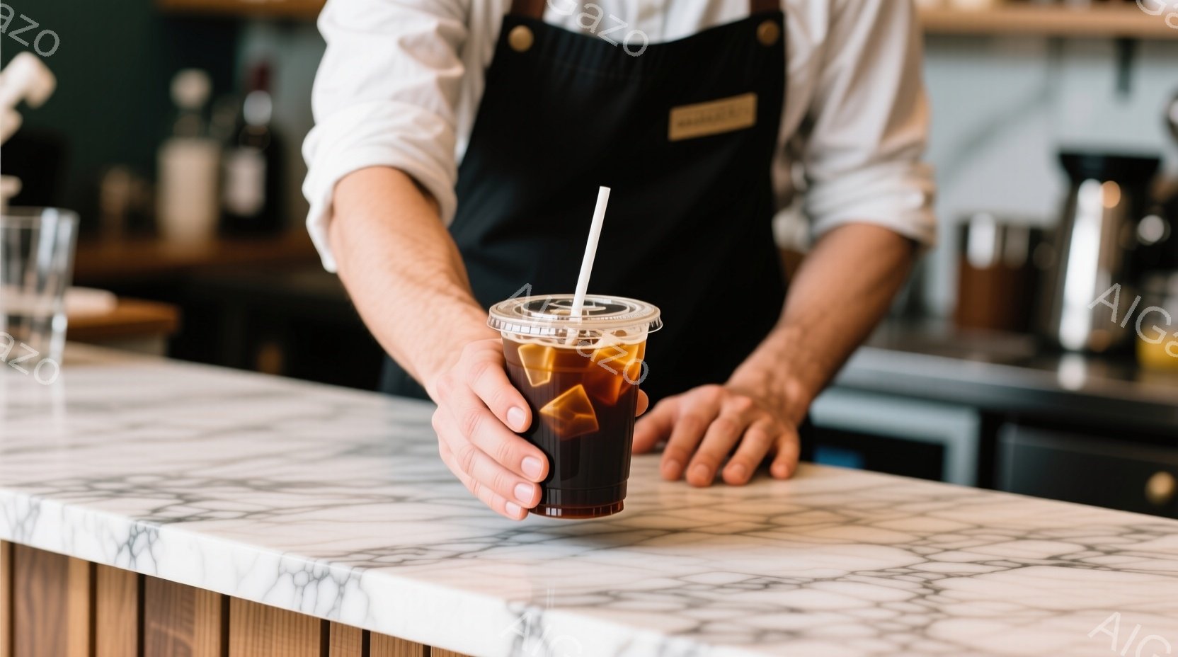 アイスコーヒーが一杯、白い大理石風のカウンターの上で、エプロンを着た人物によって差し出されています。 彼は白いシャツを着ており、手元しか見えませんが、プロフェッショナルなカフェのバリスタであることが窺えます。 背景には、コーヒー器具や瓶がぼやけて見え、明るく清潔感のあるカフェの雰囲気が漂います。