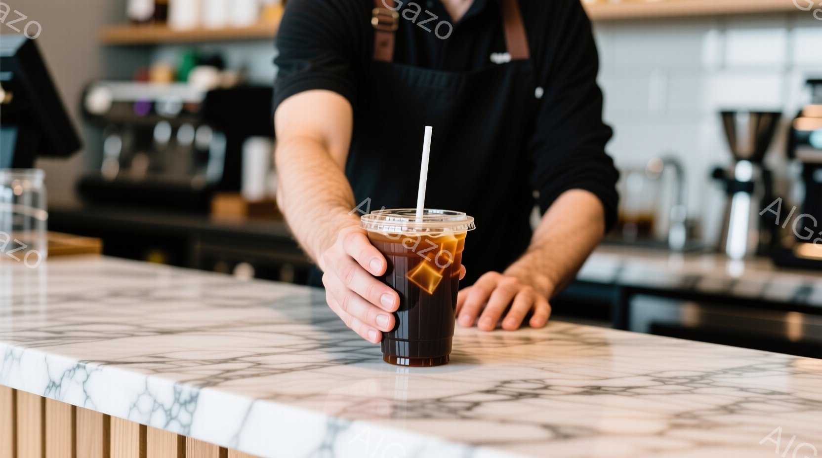大理石のようなカウンターの上で、アイスコーヒーを運ぶ男性の手が写っている。彼は黒いシャツとエプロンを着ており、背景にはエスプレッソマシンやコーヒー器具が見える、カフェの様子だ。全体的に落ち着いた雰囲気で、コーヒーを提供する瞬間を捉えている。