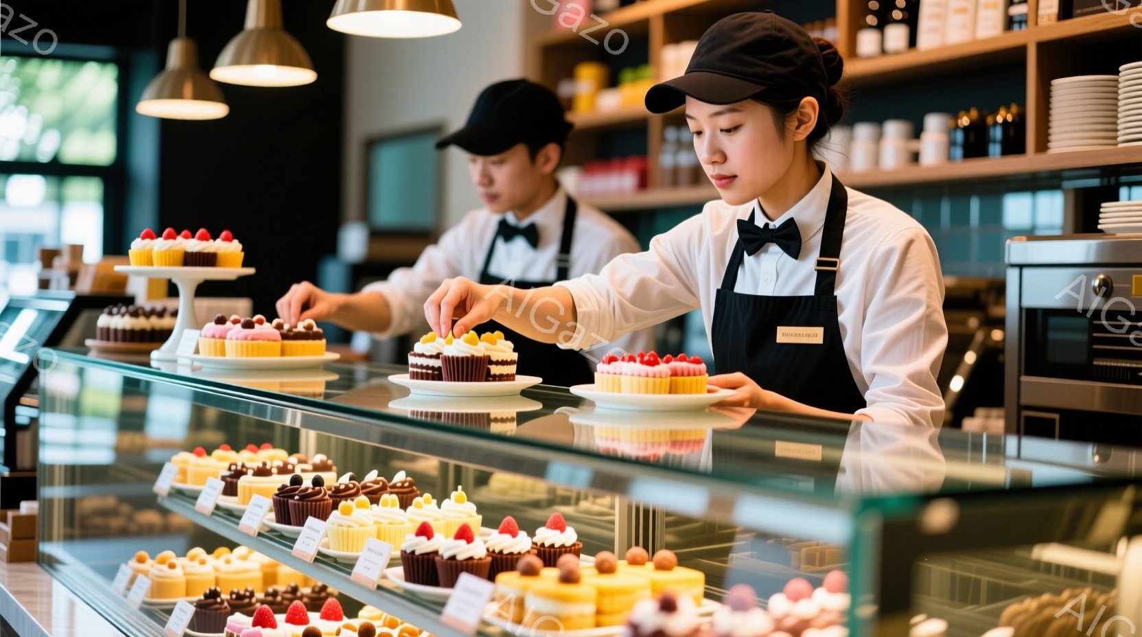 見た目の美しいケーキが並んだショーケースの前で、女性が丁寧にケーキの仕上げをしている様子が描かれています。彼女は白いシャツに黒いエプロンと帽子を着用し、真剣な表情で小さなケーキに飾り付けを行っています - AI生成フリー素材