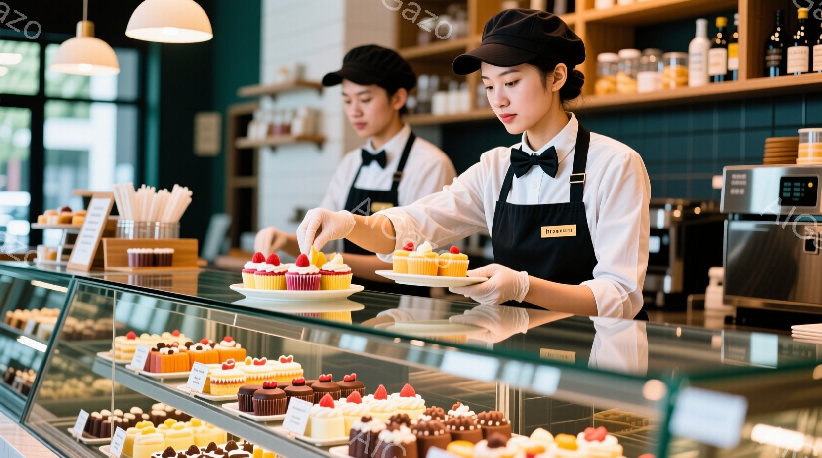 店内にはショーケースに並べられた可愛らしいケーキが並び、女性店員が白い手袋を着用してケーキを盛り付けている。彼女は黒いエプロンと帽子を着用し、真剣な表情で丁寧に作業に取り組んでいる。背景には、整然と並んだ商品と、ぼんやりとした外観が見え、落ち着いた雰囲気のケーキショップであることがわかる。