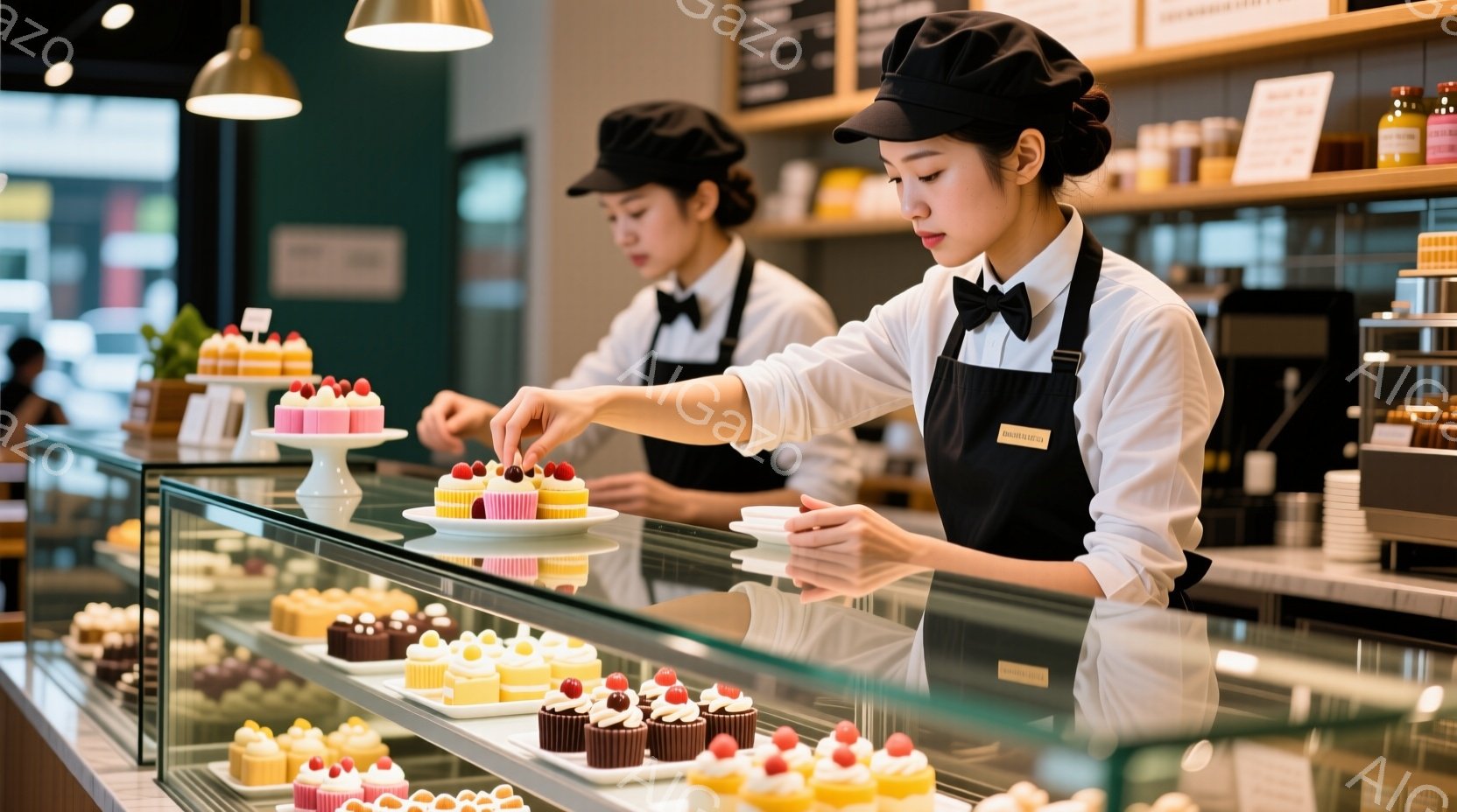 店内には、白い制服とエプロン、そして黒い帽子を被った女性が二人います。彼女たちは、ショーケースに並んだ可愛らしいケーキを丁寧に配置しており、真剣な表情で作業に集中しています。背景には、ケーキの種類が豊富に並んだショーケースと、明るい店内の様子が見え、上品で洗練された雰囲気が漂っています。
