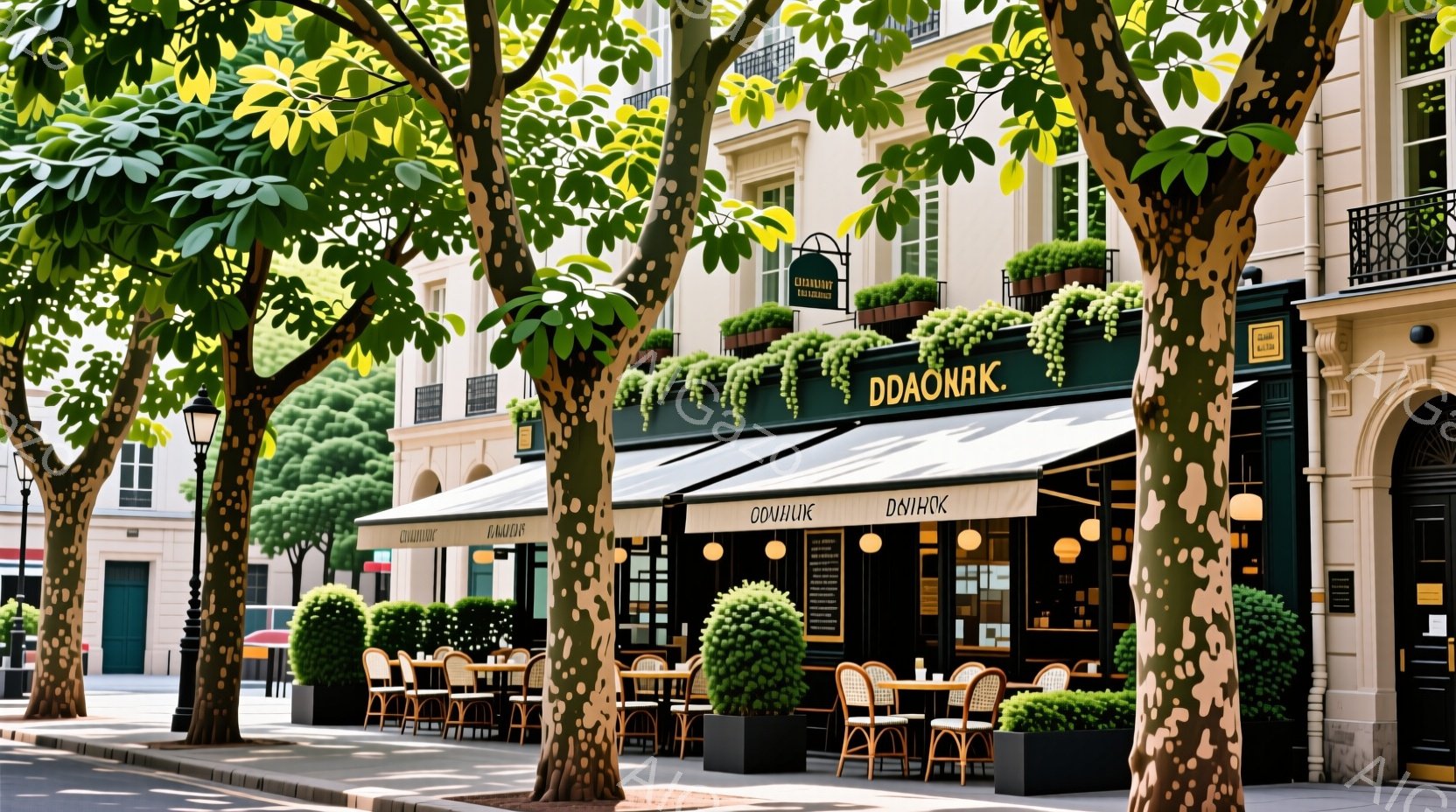 パリの通りに面した洗練されたカフェの風景です。カフェは緑と白のストライプのオーニングと、丁寧に手入れされた植物で飾られており、上品な雰囲気を醸し出しています。背景にはクラシックなパリの建物が立ち並び、木々が並木道を形成し、暖かい日差しが降り注ぎ、平和で魅力的な雰囲気を演出しています。