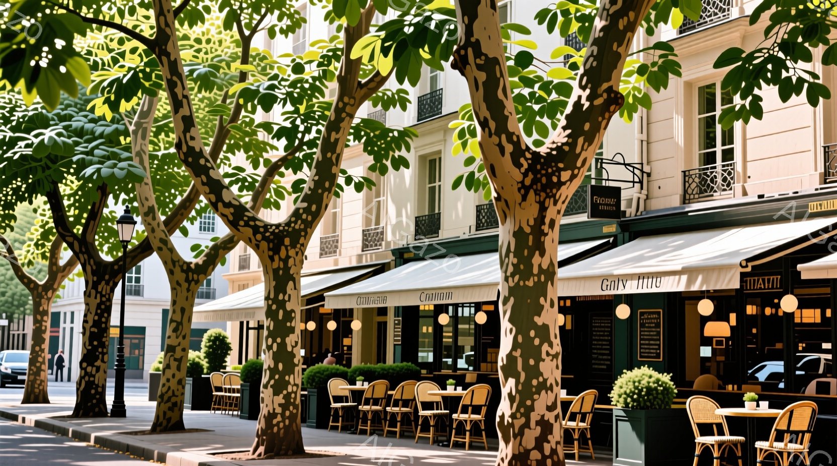 パリのカフェが並ぶ通りが描かれており、緑豊かな木々が日陰を作り、落ち着いた雰囲気を醸し出しています。カフェのテラス席には、テーブルと椅子が整然と並べられ、人々が食事や会話を楽しんでいる様子が伺えます。建物は伝統的なフランス建築様式で、洗練された雰囲気を添えています。