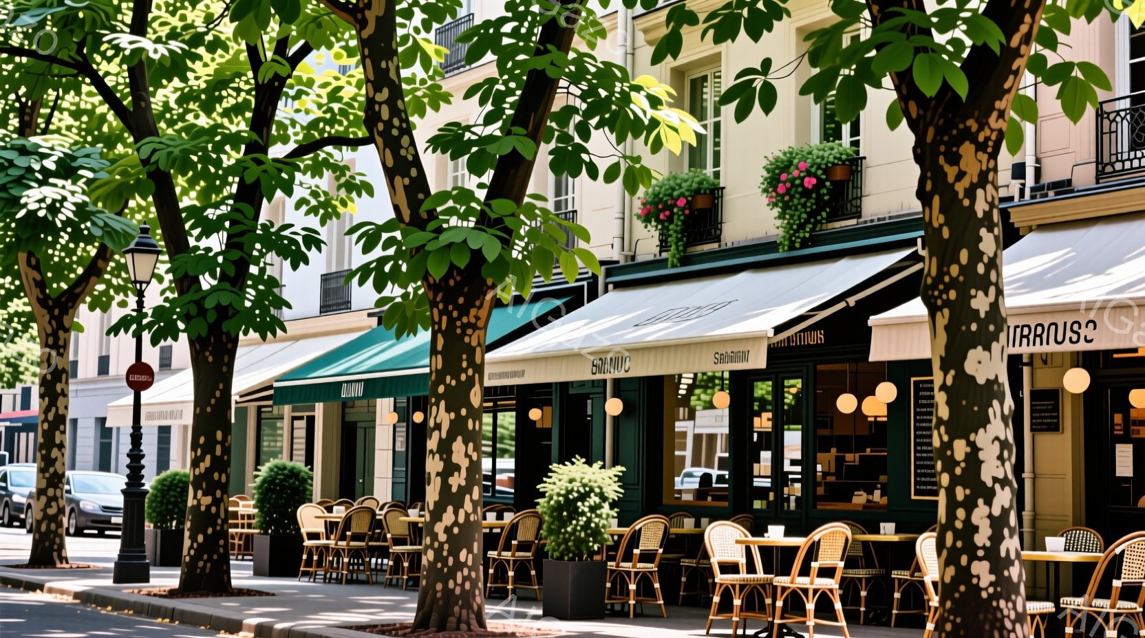 パリの通りが写っており、カフェのテラス席が並んでいます。建物はクラシックなヨーロッパ様式で、緑豊かな木々が並木道を彩り、穏やかで優雅な雰囲気を醸し出しています。晴れた日の午後のように見え、カフェのテラス席にはいくつかの椅子とテーブルが置かれていますが、人の姿は見えません。