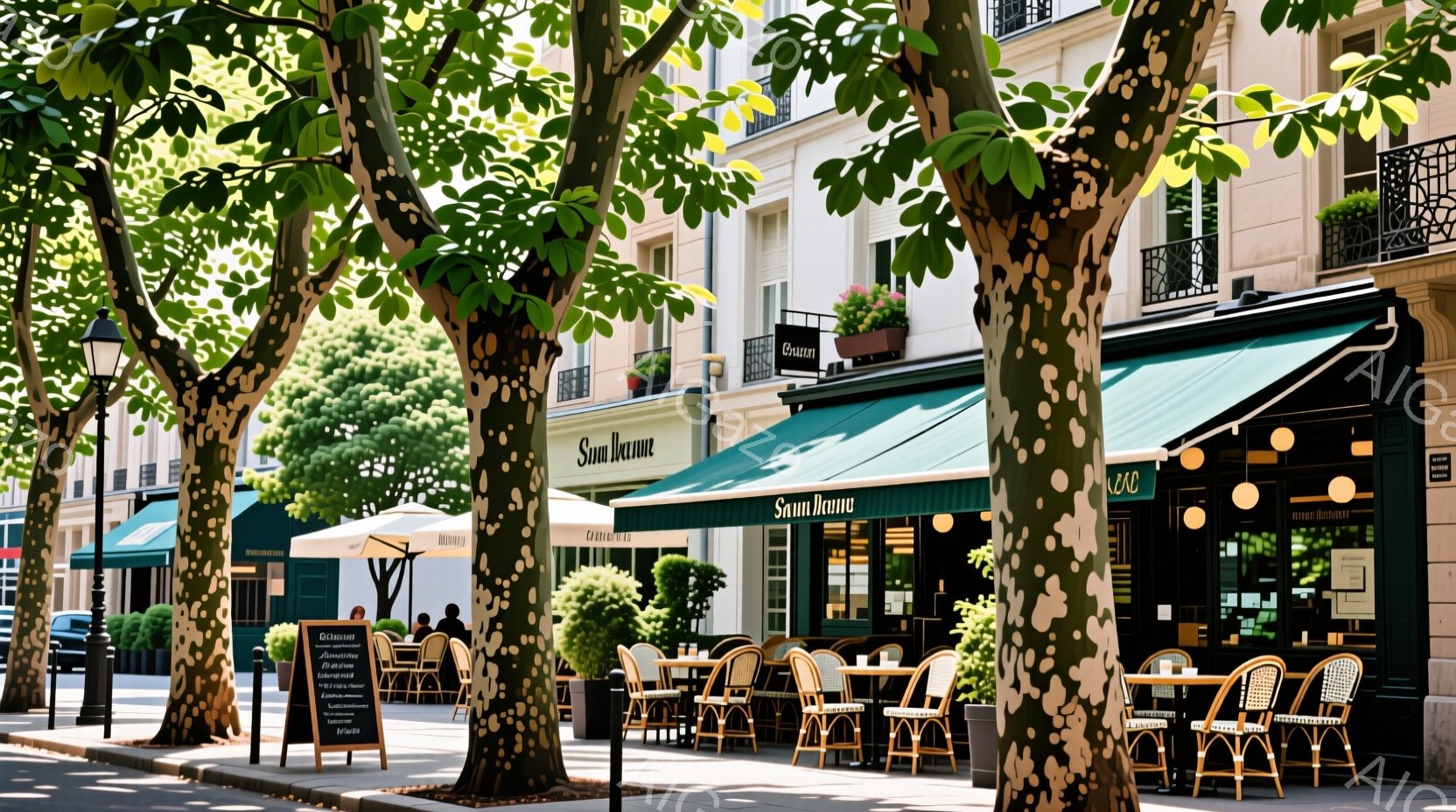 パリの街並みを写した写真で、カフェのテラス席が並んでいます。白と黒のストライプの椅子とテーブルが、緑のオーニングに覆われたカフェの前に整然と並べられており、建物はクラシックなヨーロッパ建築様式で、窓の上には花のプランターが飾られています。日差しが降り注ぎ、街路樹が影を作り、落ち着いた優雅な雰囲気が漂っています。
