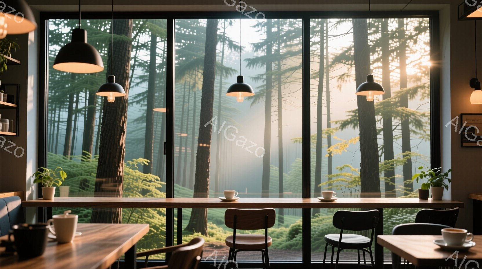 カフェの内部で、大きな窓からは霧のかかった森林が見渡せる。木製のテーブルにはコーヒーカップが置かれ、シンプルな木の椅子が並んでいる。暖かく落ち着いた雰囲気で、自然の光が差し込み、静かで穏やかな空間を演 - AI生成フリー素材
