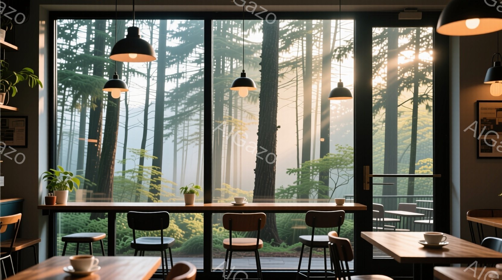 広々としたカフェの内部で、大きな窓の外には霧に包まれた森林が広がっている。木製のテーブルと椅子が整然と並べられ、テーブルの上にはコーヒーカップが置かれている。全体的に、静かで落ち着いた、自然を感じさせ - AI生成フリー素材