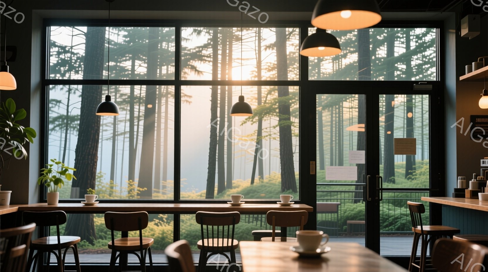 大きな窓から緑豊かな森が広がるカフェの内部です。木製の椅子とテーブルが整然と並び、いくつかのテーブルにはコーヒーカップが置かれています。全体的に穏やかで静寂な雰囲気で、自然の光が差し込み、リラックスで - AI生成フリー素材
