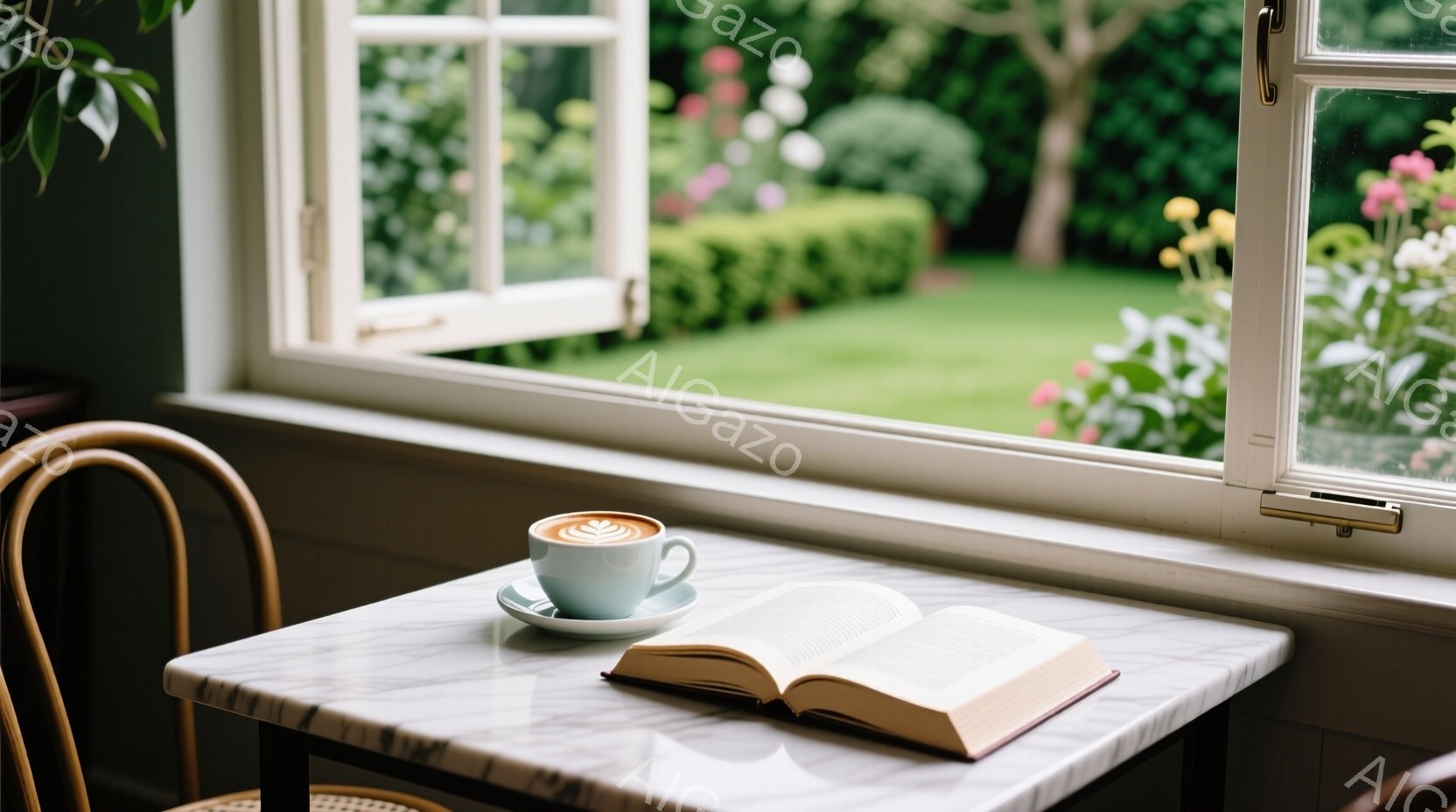 大理石のテーブルの上には、緑色のカップに入ったラテアートと開かれた本が置かれている。窓の外には手入れの行き届いた庭園が広がり、緑豊かな木々や花々が咲き誇っている。穏やかで落ち着いた雰囲気で、読書や休憩 - AI生成フリー素材
