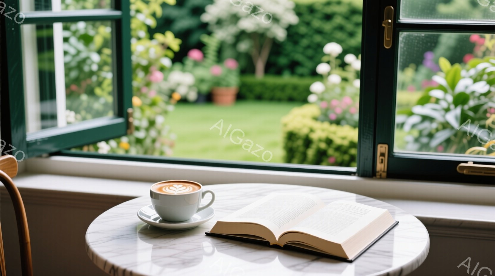 白い大理石の円卓の上に、泡立てられたラテと開かれた本が置かれている。窓の外には手入れの行き届いた庭園が広がり、緑豊かな植物と色とりどりの花々が咲き乱れている。穏やかな光が差し込み、静かでリラックスした - AI生成フリー素材