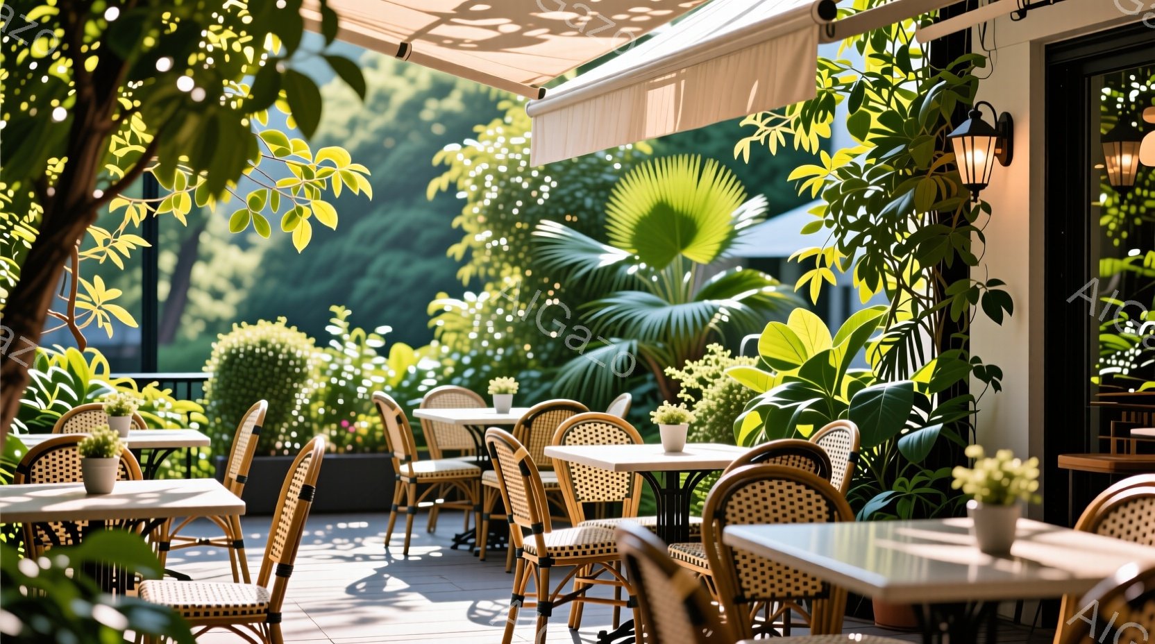 葉が生い茂る緑の中で、白いパラソルと籐の椅子とテーブルが並ぶカフェテラスが見える。太陽の光が差し込み、テーブルには小さな植木が飾られ、明るく心地よい雰囲気を醸し出している。背景には手入れの行き届いた植 - AI生成フリー素材