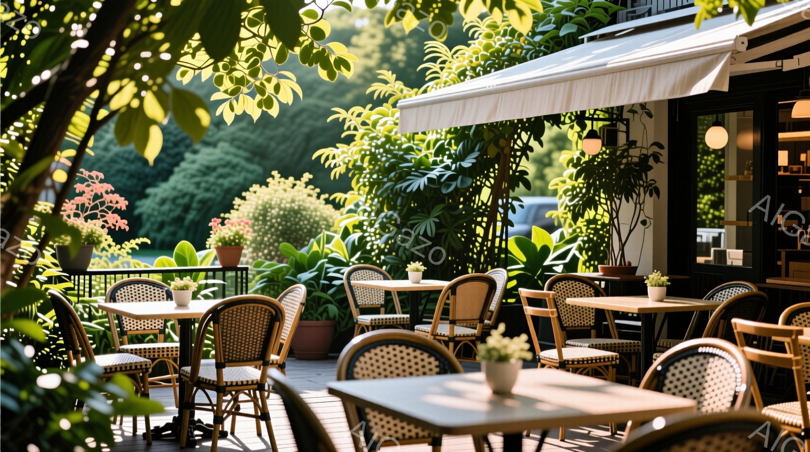白いパラソルと籐製の椅子とテーブルが並んだ、カフェのテラス席が写っている。緑豊かな植物がテラスを囲み、背景には建物と自然が見え、晴れた日の穏やかな雰囲気が漂っている。テーブルには小さな花瓶が飾られ、居 - AI生成フリー素材