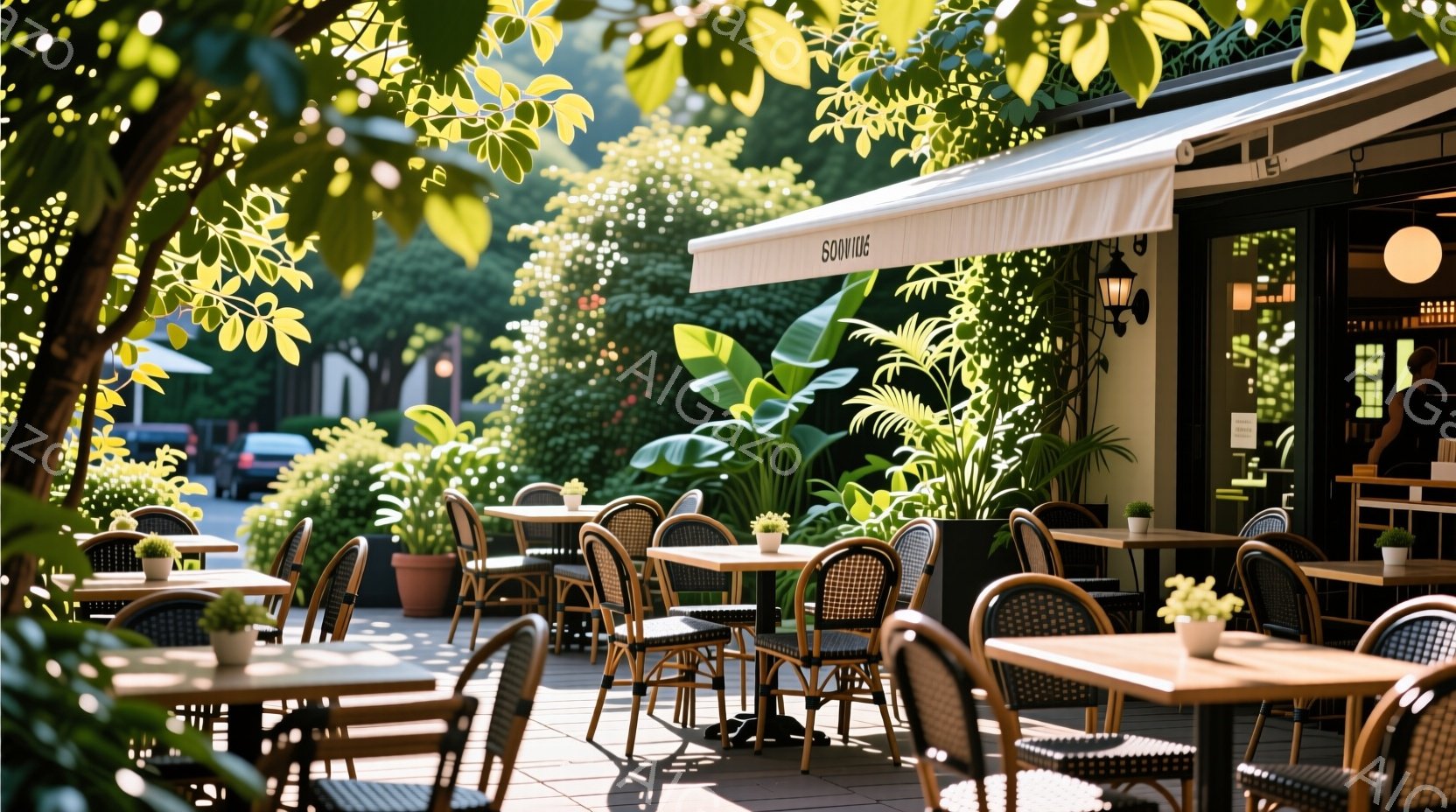 日当たりの良いカフェのテラス席が写っており、木製のテーブルと椅子が整然と並べられています。緑豊かな植物や花が置かれ、明るい日差しが差し込み、心地よい雰囲気を作り出しています。背景には建物や車両が見え、晴れた日の穏やかな午後のひとコマを切り取ったような情景です。