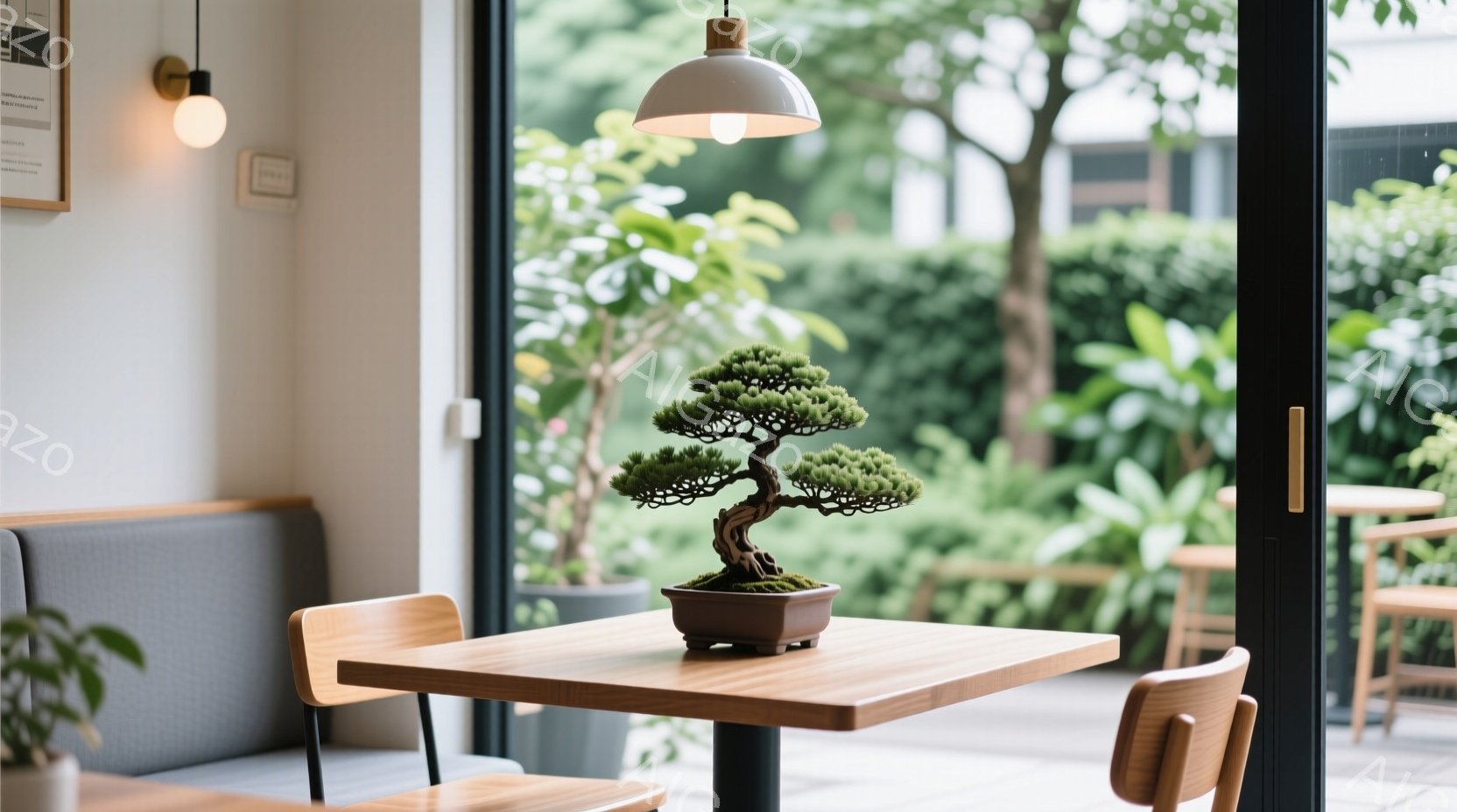 明るい室内には、木製のテーブルの上に盆栽が置かれています。大きな窓からは緑豊かな庭が見え、自然光が差し込んで穏やかな雰囲気を醸し出しています。シンプルなデザインの椅子とソファーが配置され、リラックスできる空間となっています。