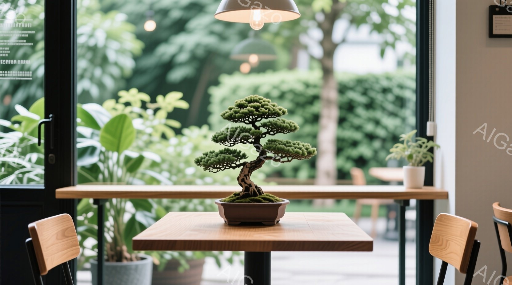 室内には木製のテーブルがあり、その上に盆栽が置かれている。背景には緑豊かな植物と窓の外の風景が見え、明るい自然光が差し込んでいる。暖かく、落ち着いた雰囲気で、都会のオアシスのような空間を表現している。