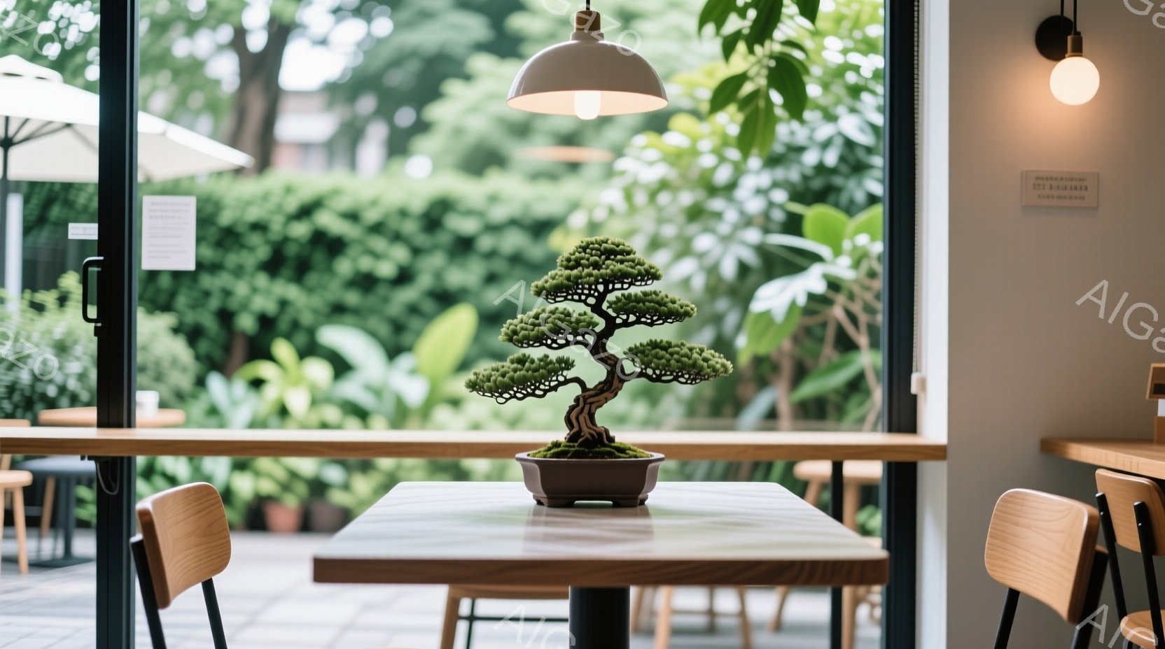 室内には木製のテーブルと椅子があり、テーブルの中央には盆栽が置かれています。窓の外には緑豊かな庭園が広がり、自然光が差し込んで明るい雰囲気です。全体的に落ち着いた色調で、リラックスできる空間を演出しています。