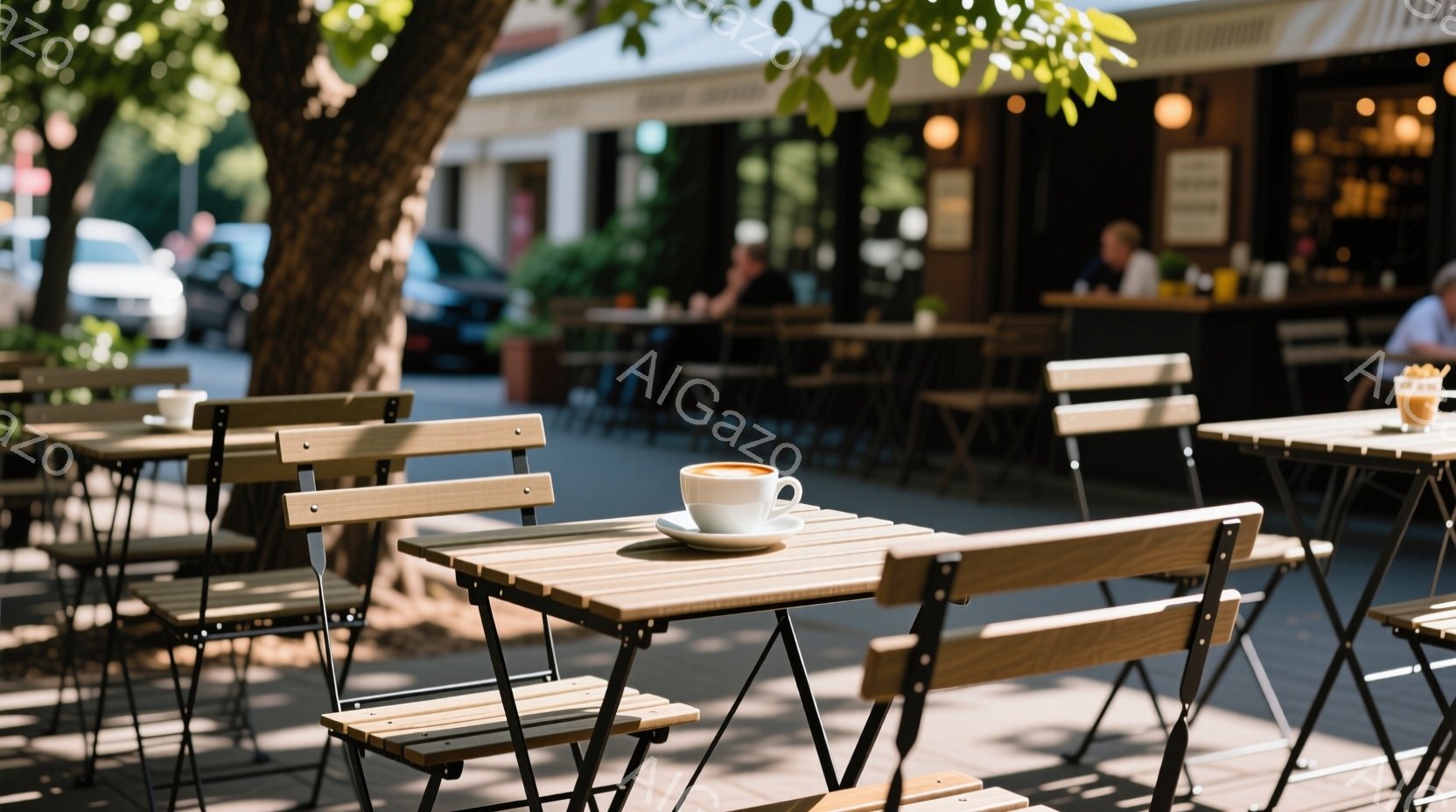 日差しが穏やかなカフェのテラス席が写っている。木製のテーブルと椅子が整然と並べられ、その一つに湯気を立てるコーヒーカップが置かれている。背景にはカフェの建物と、緑豊かな木々、そして道路が見え、落ち着いた午後の雰囲気が漂っている。