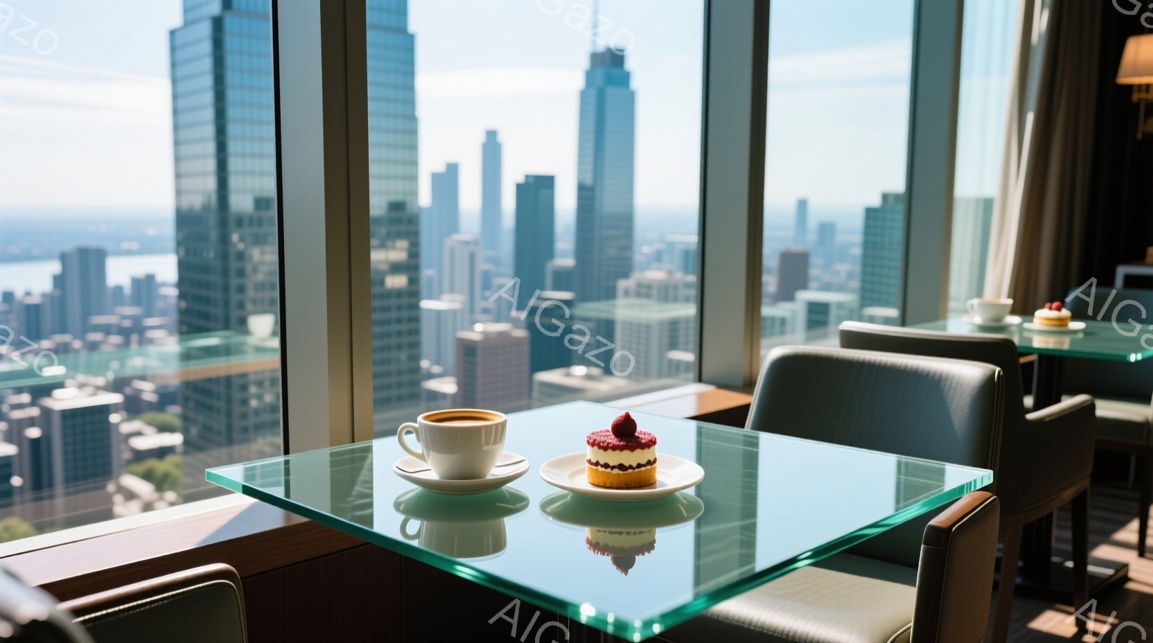 透明なテーブルの上には、コーヒーカップと可愛らしいイチゴのケーキが置かれており、背景には高層ビル群が広がる都市の風景が広がっている。窓辺の落ち着いた雰囲気の椅子と合わせて、ゆったりとした時間を過ごせる空間を演出している。晴天で、都市の活気と穏やかなカフェの雰囲気が調和した、洗練されたイメージだ。