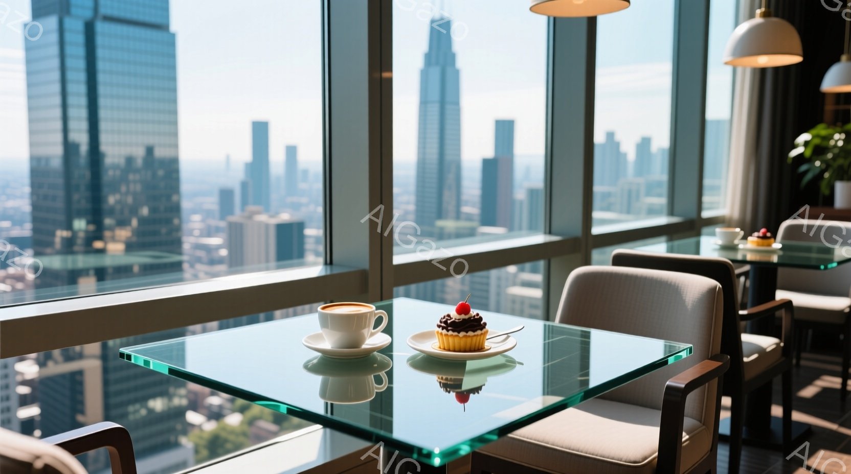 高層ビルの窓際に、ガラス製のテーブルとグレーの椅子が配置されています。テーブルの上には、カップに入ったコーヒーと、赤い実が飾られた小さなケーキが載っており、都市のスカイラインを一望できます。全体的に、 - AI生成フリー素材