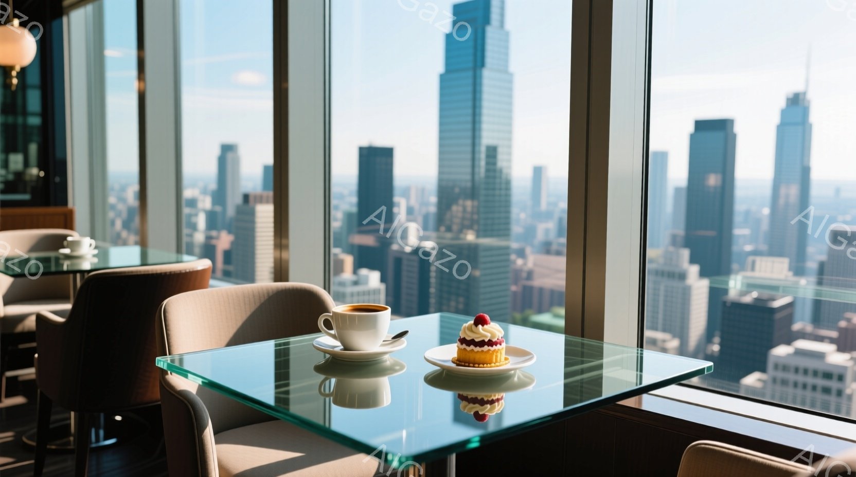 高層ビルの窓辺に置かれたガラス製のテーブルに、コーヒーカップと小さなケーキが並んでいる。背景には、高層ビル群が広がり、晴れた空が広がっている。落ち着いた色調と明るい自然光が、優雅で洗練された雰囲気を醸 - AI生成フリー素材