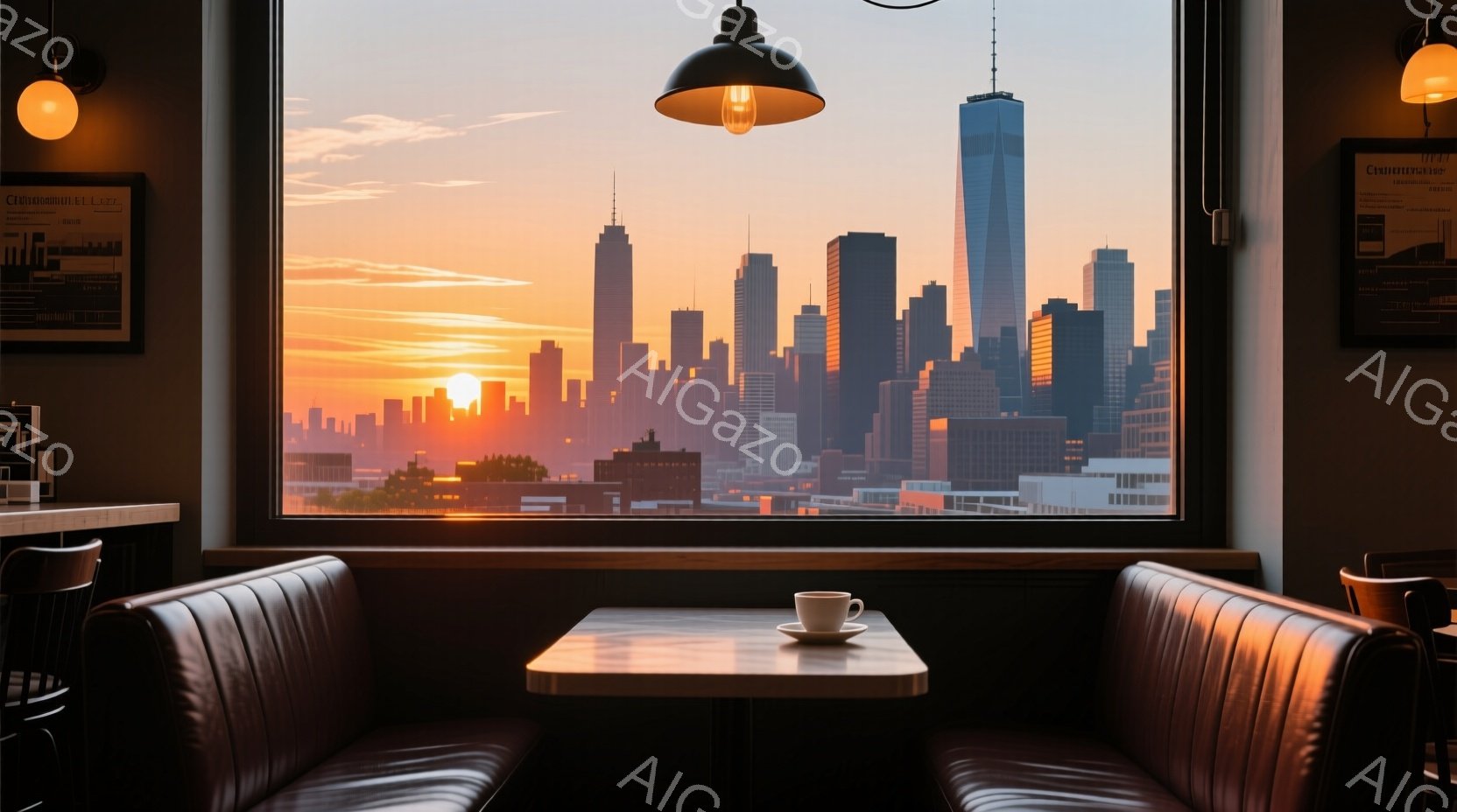 革張りのソファが並ぶ室内、窓の外には夕焼けに染まる摩天楼が見える。テーブルの上には一杯のコーヒーが置かれ、静かで落ち着いた雰囲気が漂っている。夕焼けのオレンジ色が都市のシルエットを強調し、暖かく穏やか - AI生成フリー素材