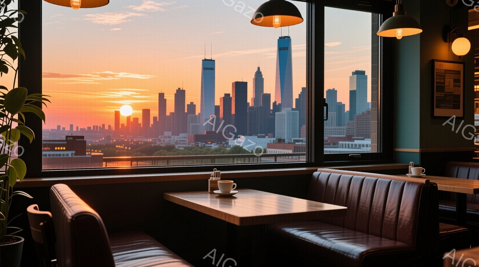 広々とした窓からは夕焼けに照らされた摩天楼が見渡せ、都市の活気と穏やかな空気が混ざり合っている。茶色の革張りのベンチシートと木製のテーブルが配置され、それぞれの席にはコーヒーカップが置かれている。全体 - AI生成フリー素材