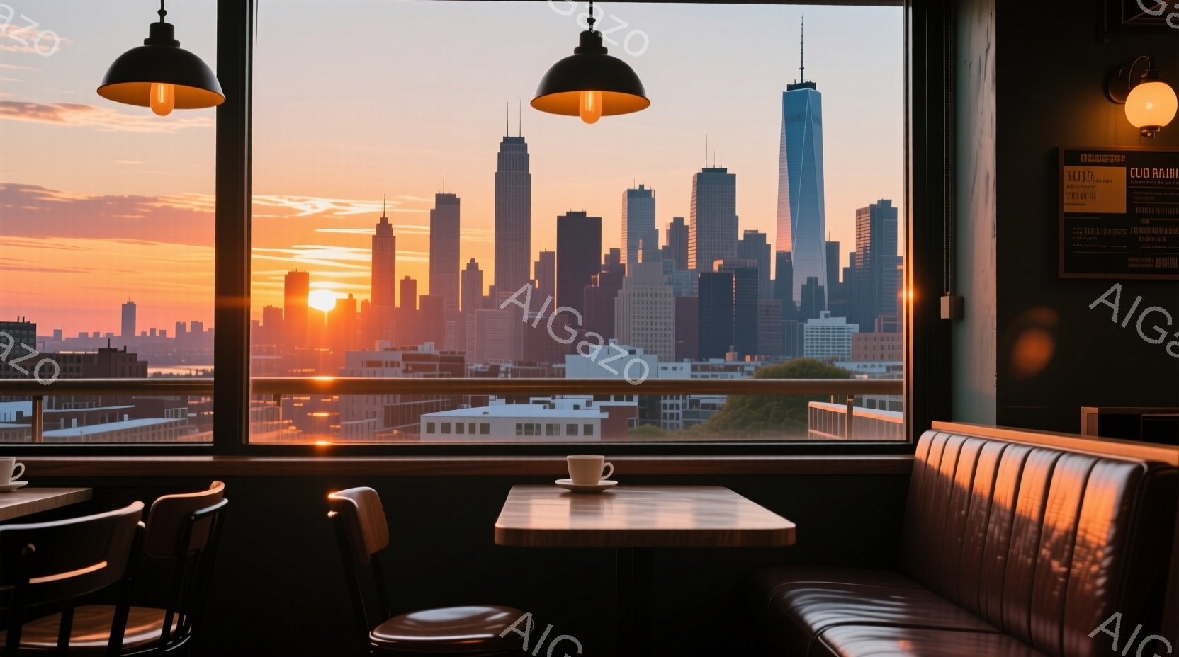 広大な都市のスカイラインが夕焼けに照らされ、オレンジと赤のグラデーションが空を染めている。室内にはカフェの席があり、テーブルの上にはコーヒーカップが置かれ、落ち着いた雰囲気が漂っている。背景の建物は高 - AI生成フリー素材