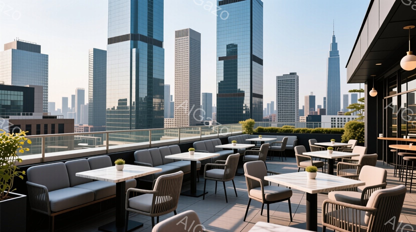 屋上テラスには、モダンなグレーの家具が整然と配置されており、大理石調のテーブルと座り心地の良い椅子やベンチが並んでいる。背景には高層ビル群がそびえ立ち、晴天の下で都市の景色を一望できる開放的な空間が広がっている。全体的に落ち着いた雰囲気で、都会の喧騒を忘れさせてくれるリラックスした空間となっている。