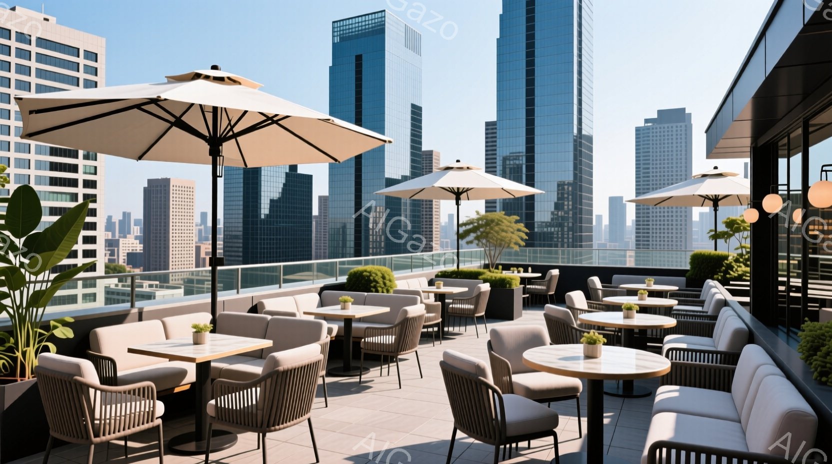 屋上テラスには、モダンな家具が整えられた開放的な空間が広がっています。灰色のタイル張りの床に、ベージュと黒の組み合わせが洗練された椅子やテーブル、ソファが配置され、パラソルが日差しを遮っています。背景 - AI生成フリー素材